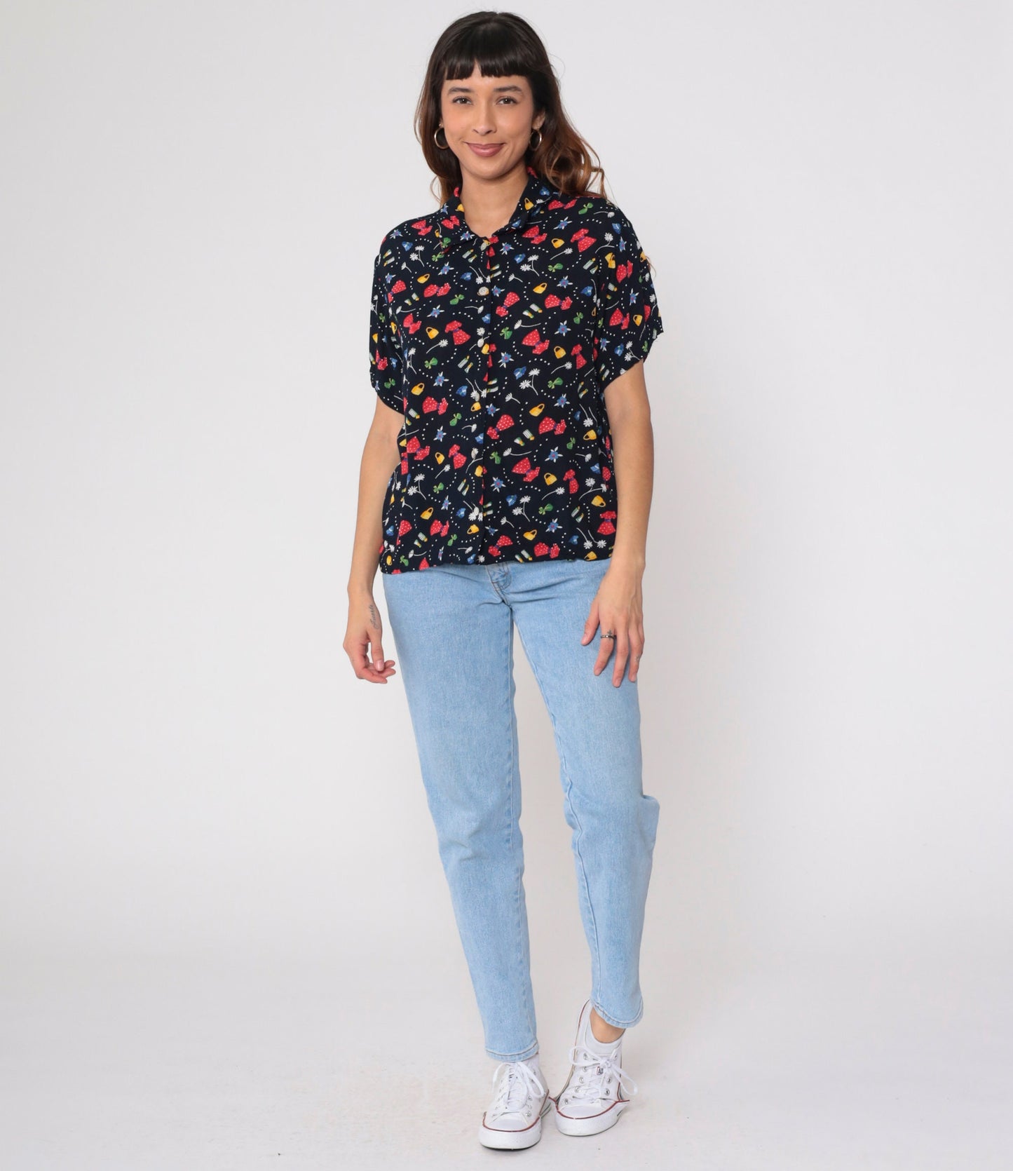90s Fashion Print Black Button-Up Blouse Floral Purse Dress Graphic Medium Large