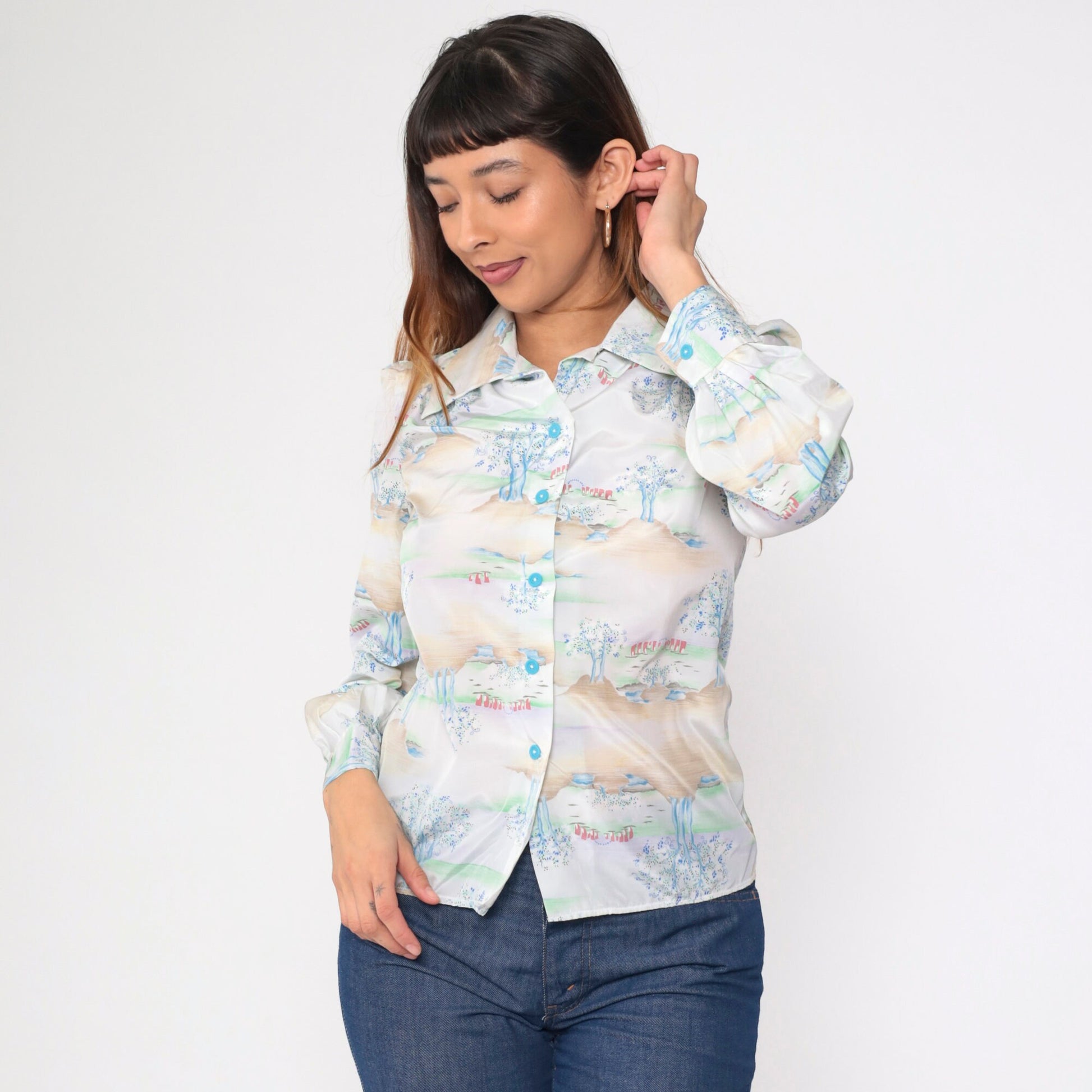 70s Tree Print Button-Up Blouse Long Sleeve Collared Psychedelic Forest Shirt Small