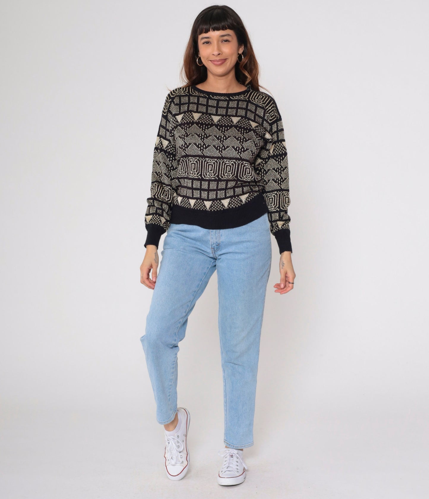 80s Campus Casuals Metallic Geometric Sweater Black Gold Jacquard Small
