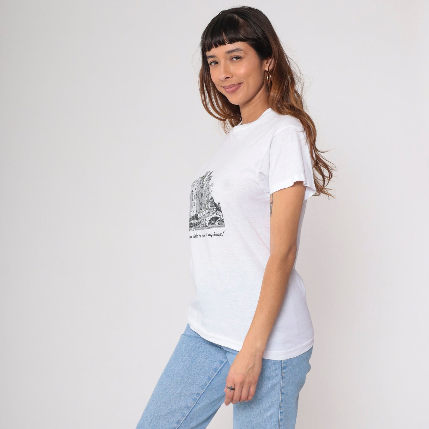 90s Castle Graphic T-Shirt "Would You Like To Come To My House" White Small