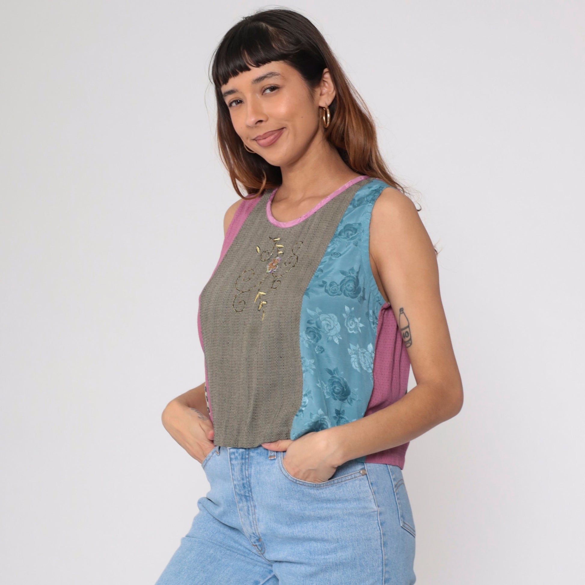 90s Faith by Celia Forrester Floral Beaded Tank Top Embroidered Medium