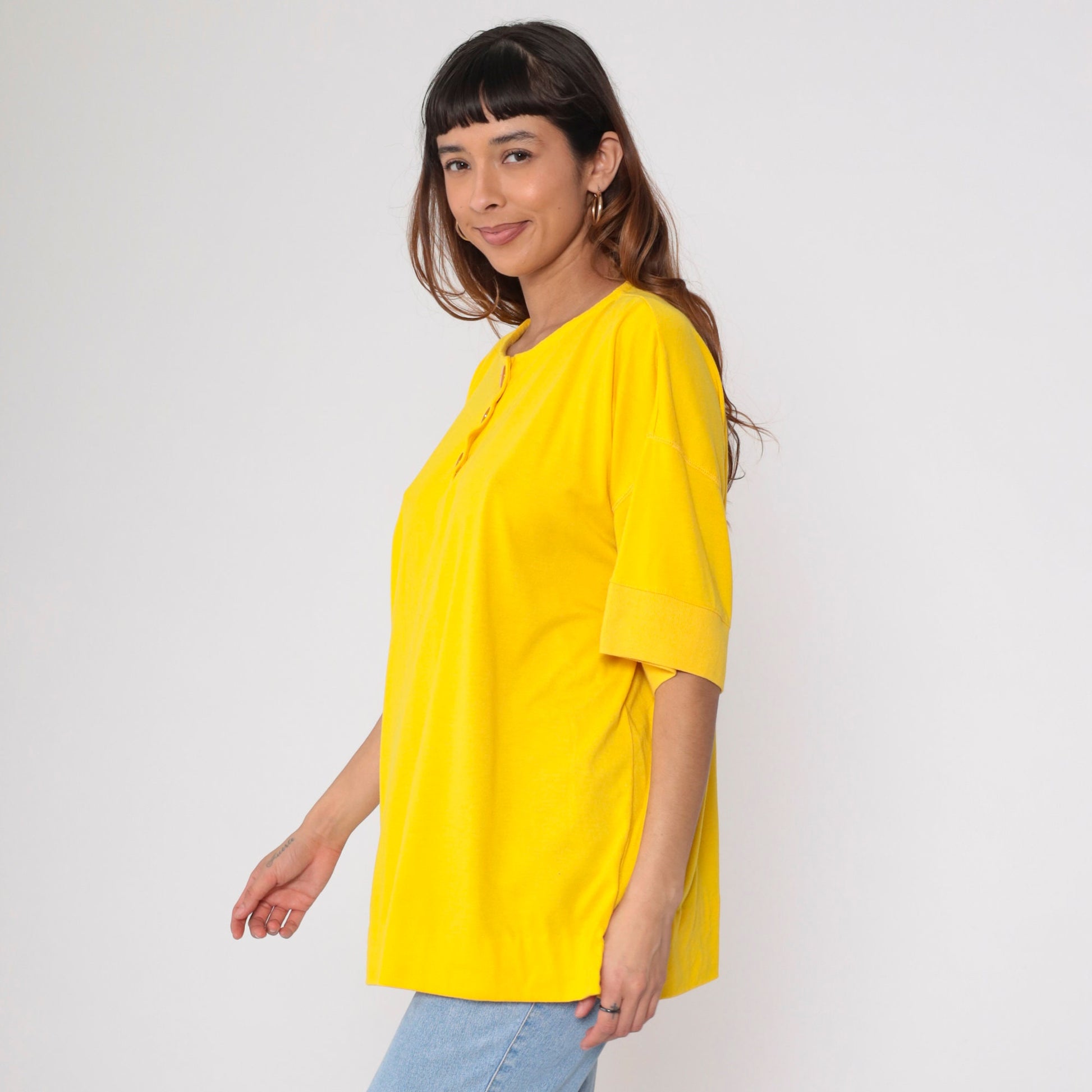 80s Yellow Henley Shirt Short Sleeve Button Up Cotton Blend Plus Size XXL