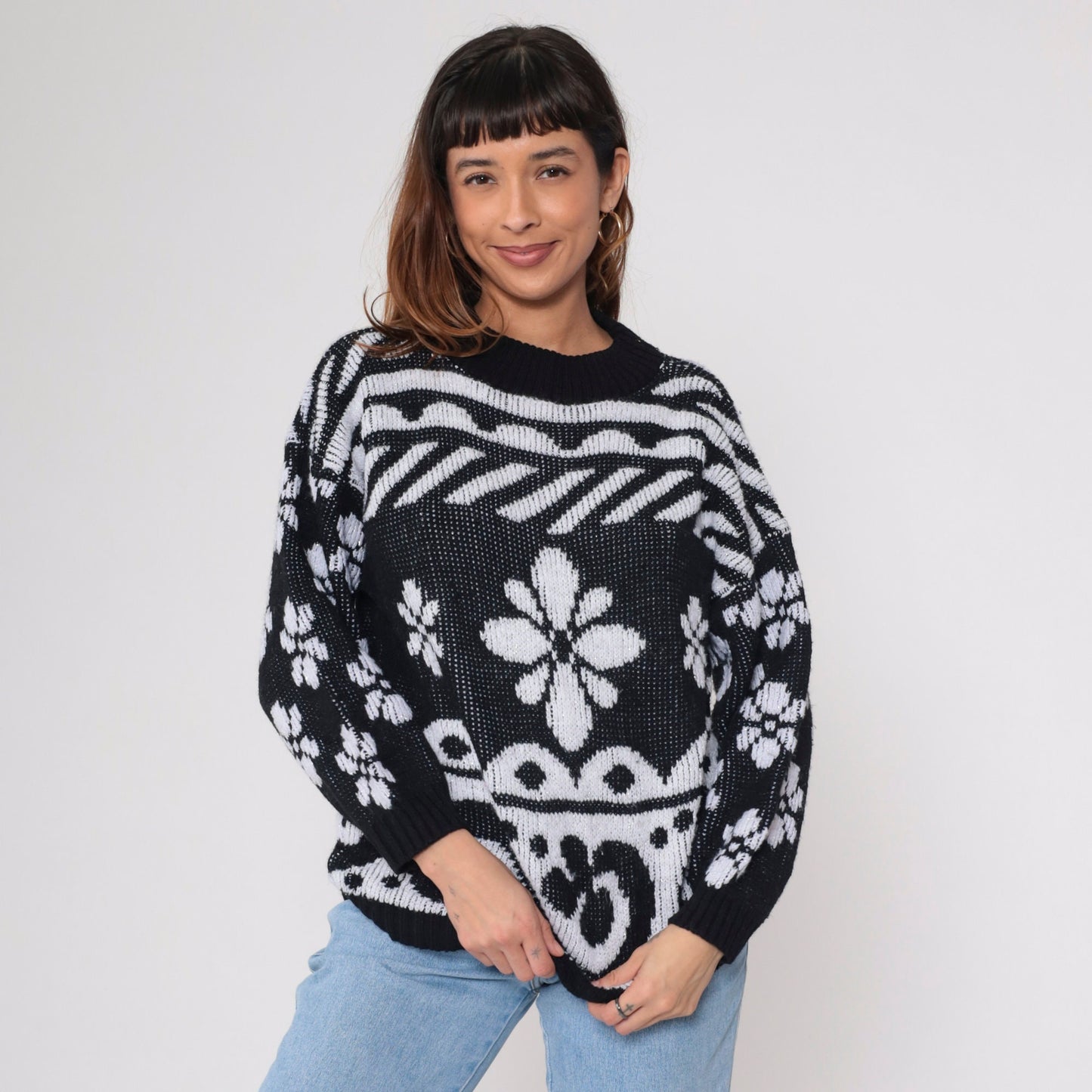 80s Black White Metallic Floral Knit Sweater Glitter Swirl Pullover Large L