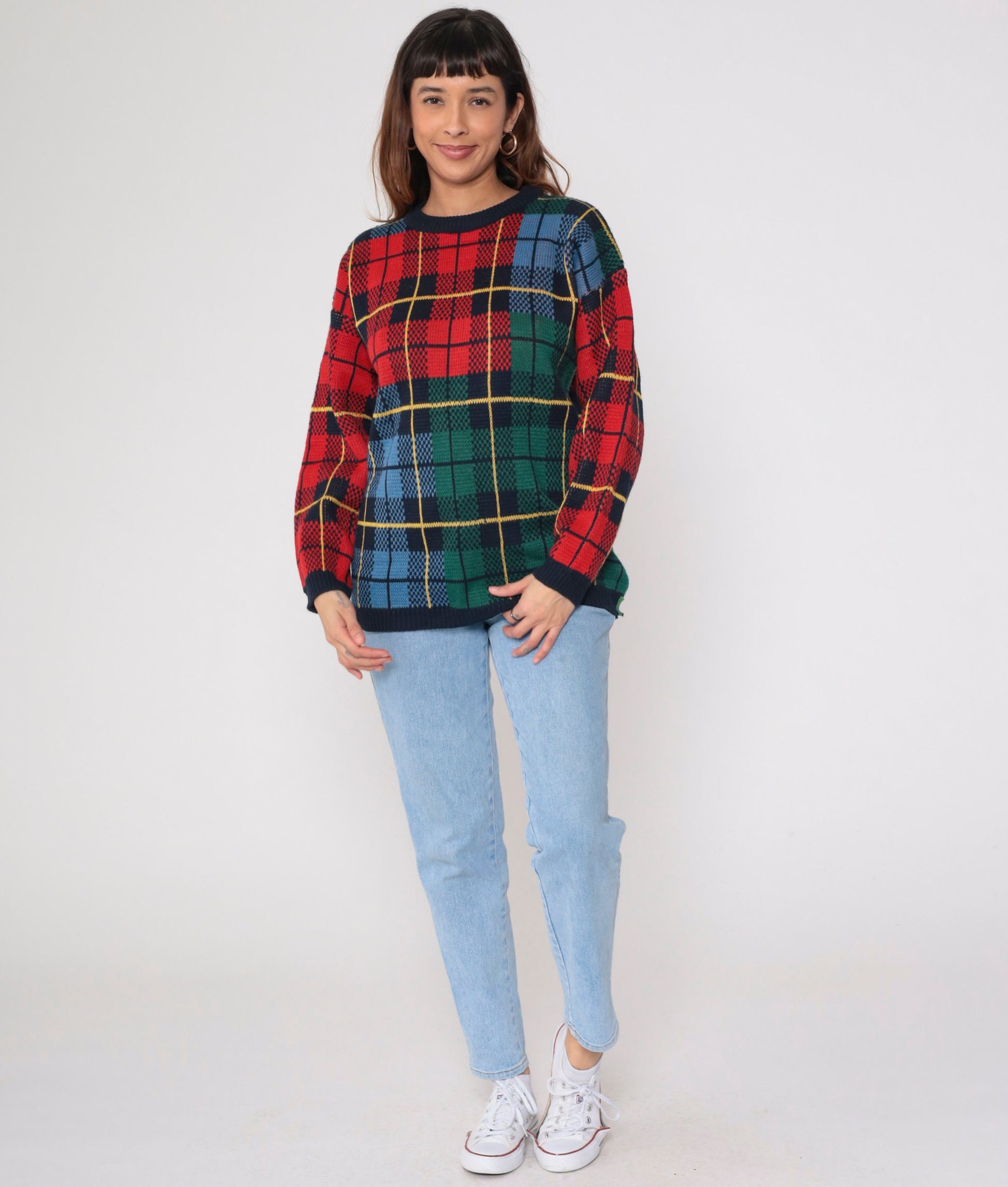 90s Silvercord Plaid Colour Block Sweater Red Green Blue Tartan Crewneck Medium