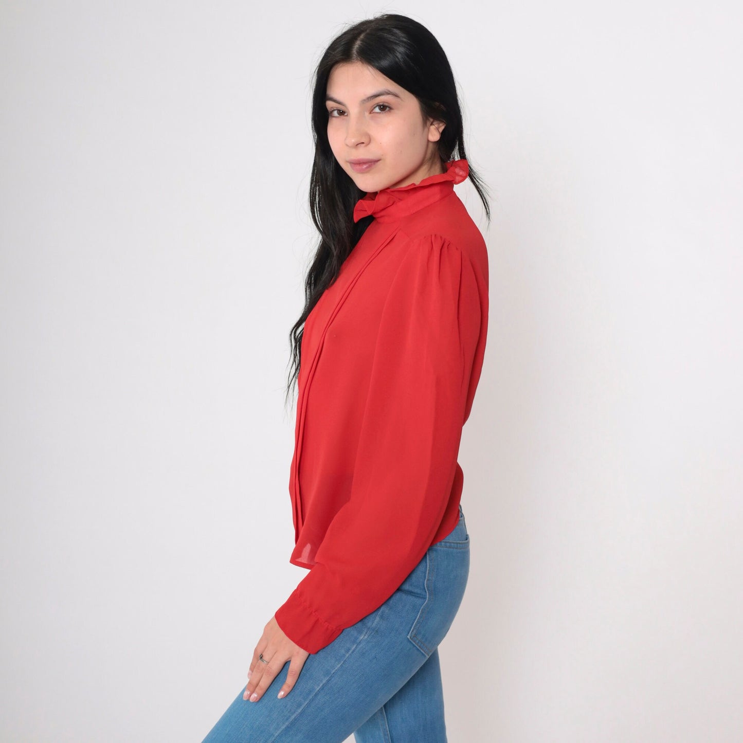 80s Red Puff Sleeve Blouse High Ruffled Neck Pleated Semi-Sheer Medium