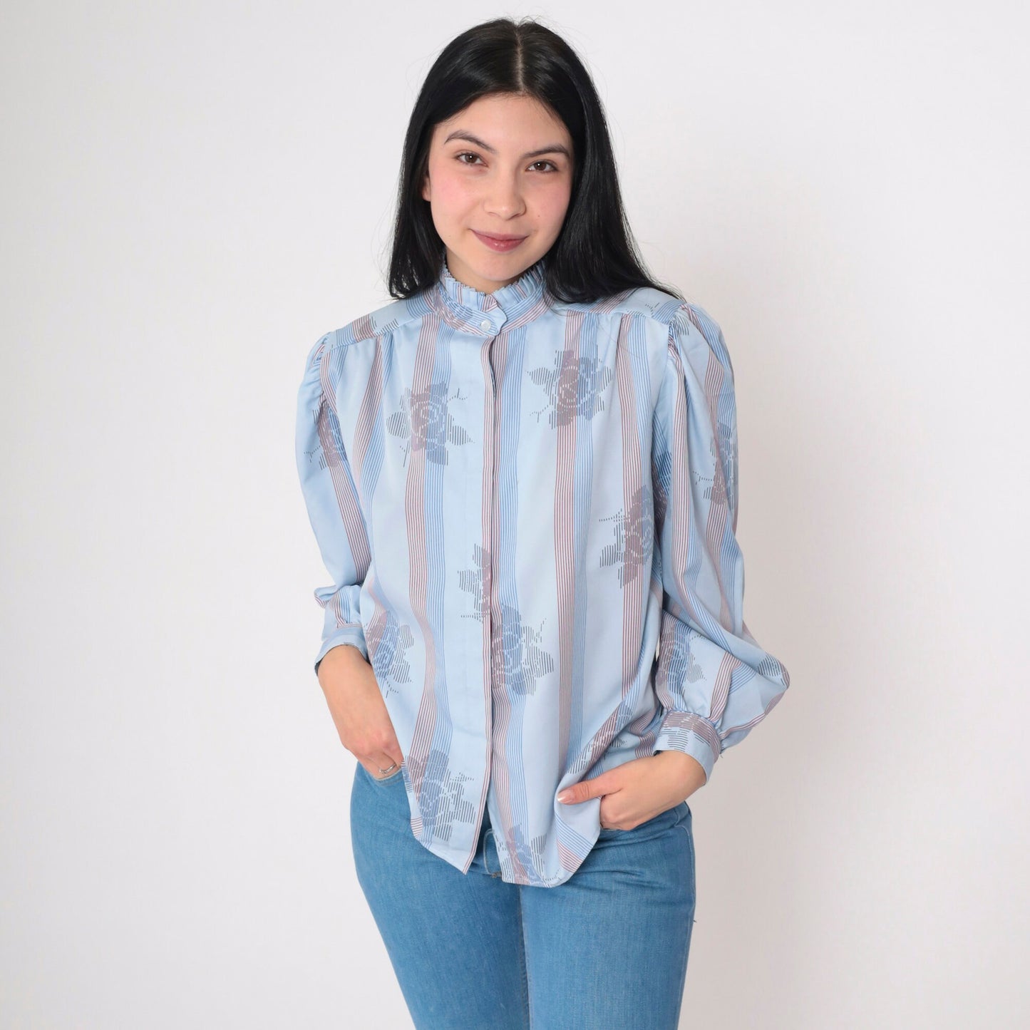 70s Blue Striped Floral Rose Button-Up Blouse High Pleated Neck Long Sleeve Medium M