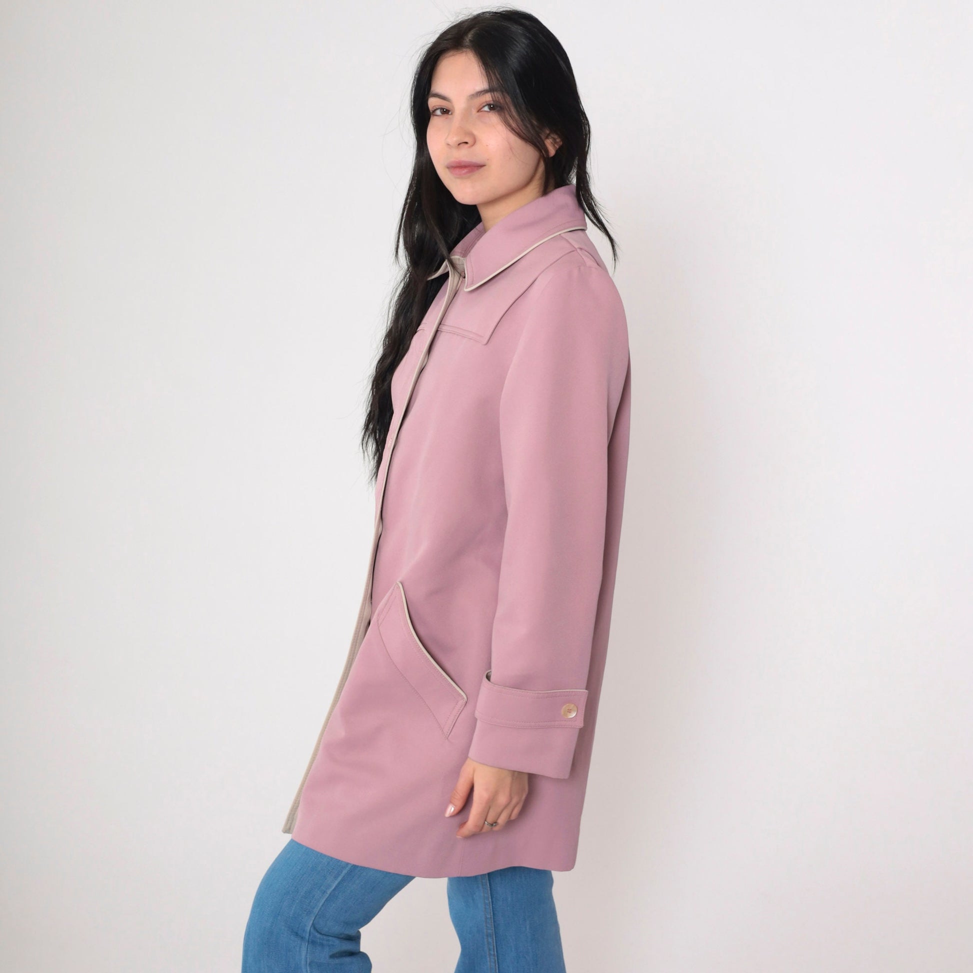 80s Mauve Button-Up Trench Coat Knee Length Extra Small XS