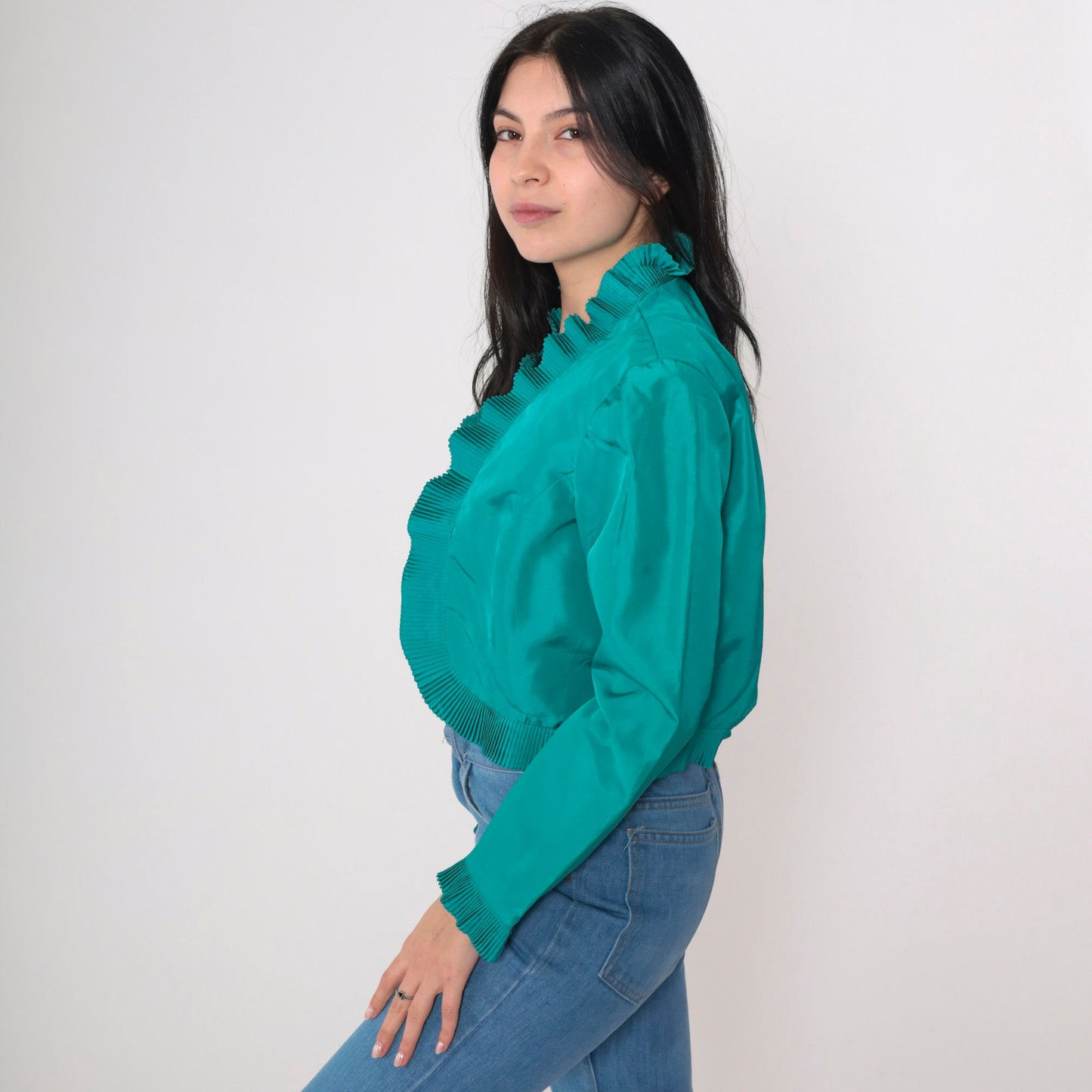 70s Miss Elliette Teal Cropped Jacket Open Front Knife Pleat Small