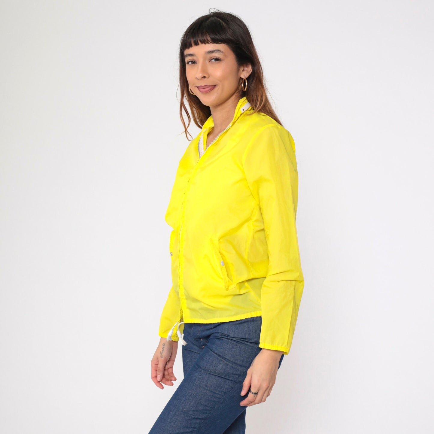 70s Yellow Nylon Windbreaker Jacket Semi-Sheer Zip-Up Extra Small