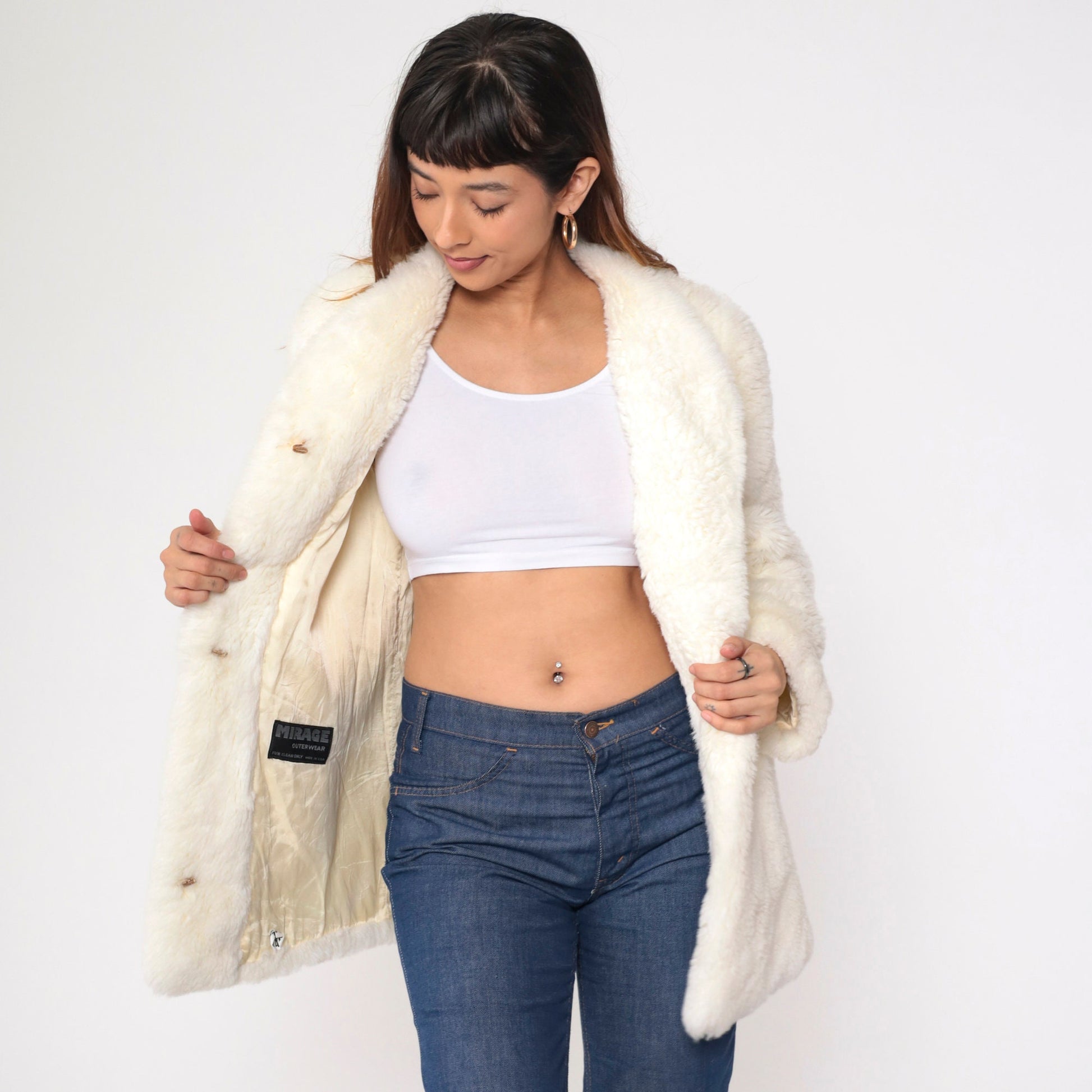 80s Cream Faux Fur Coat Hook Eye Closure Vintage Small S