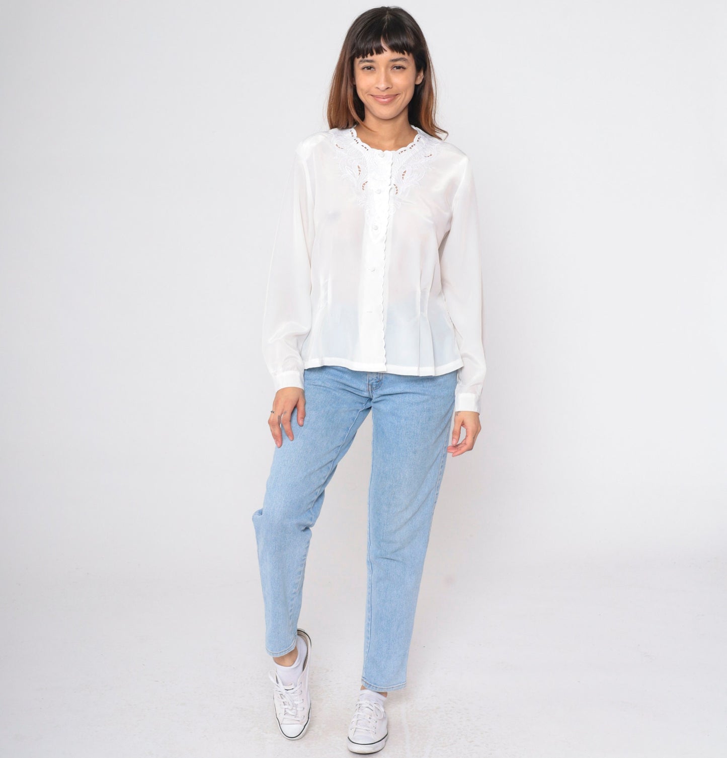 90s White Cutwork Blouse Embroidered Leaf Button Up Long Sleeve Medium