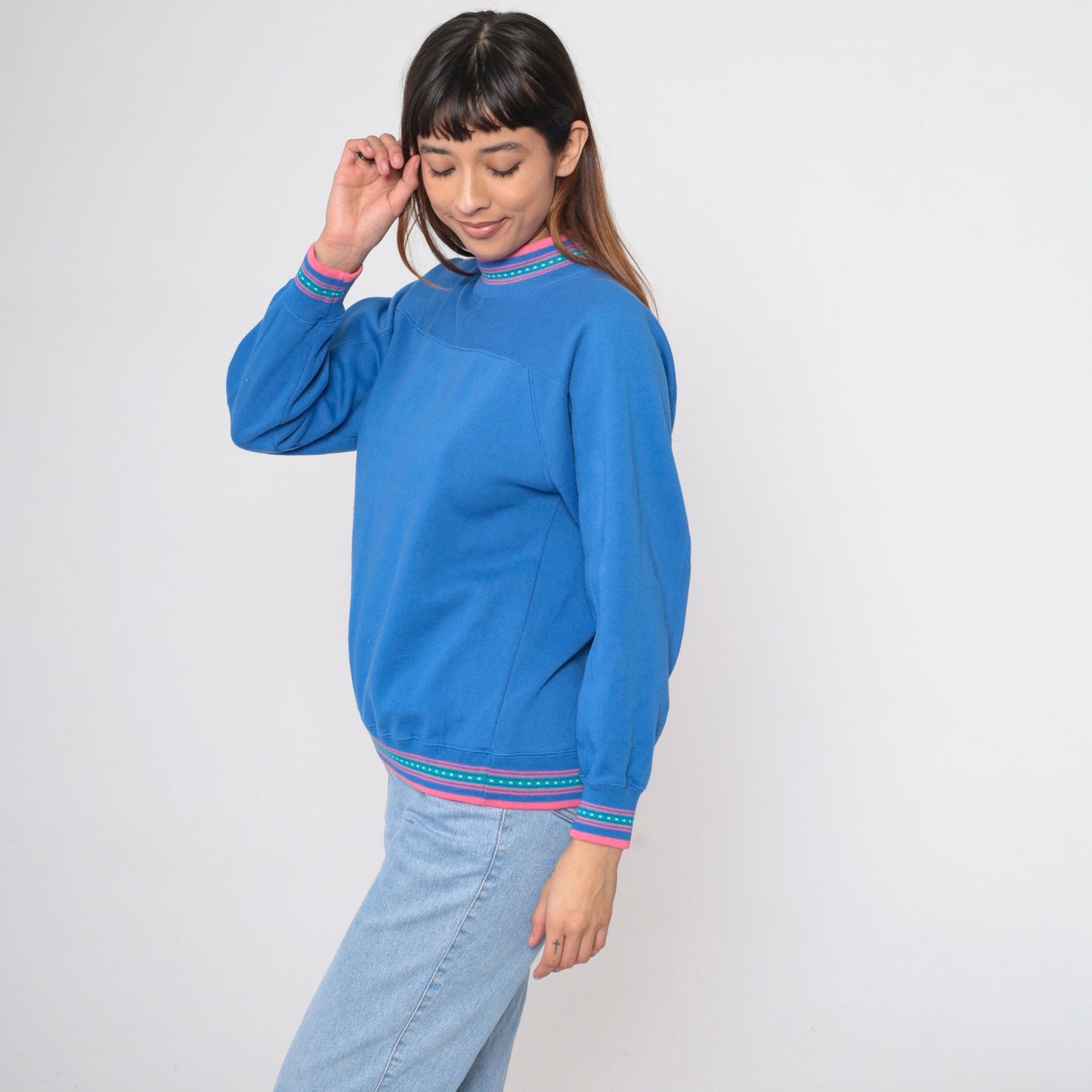 90s Blue Mock Neck Sweatshirt Pink Ringer Trim Small