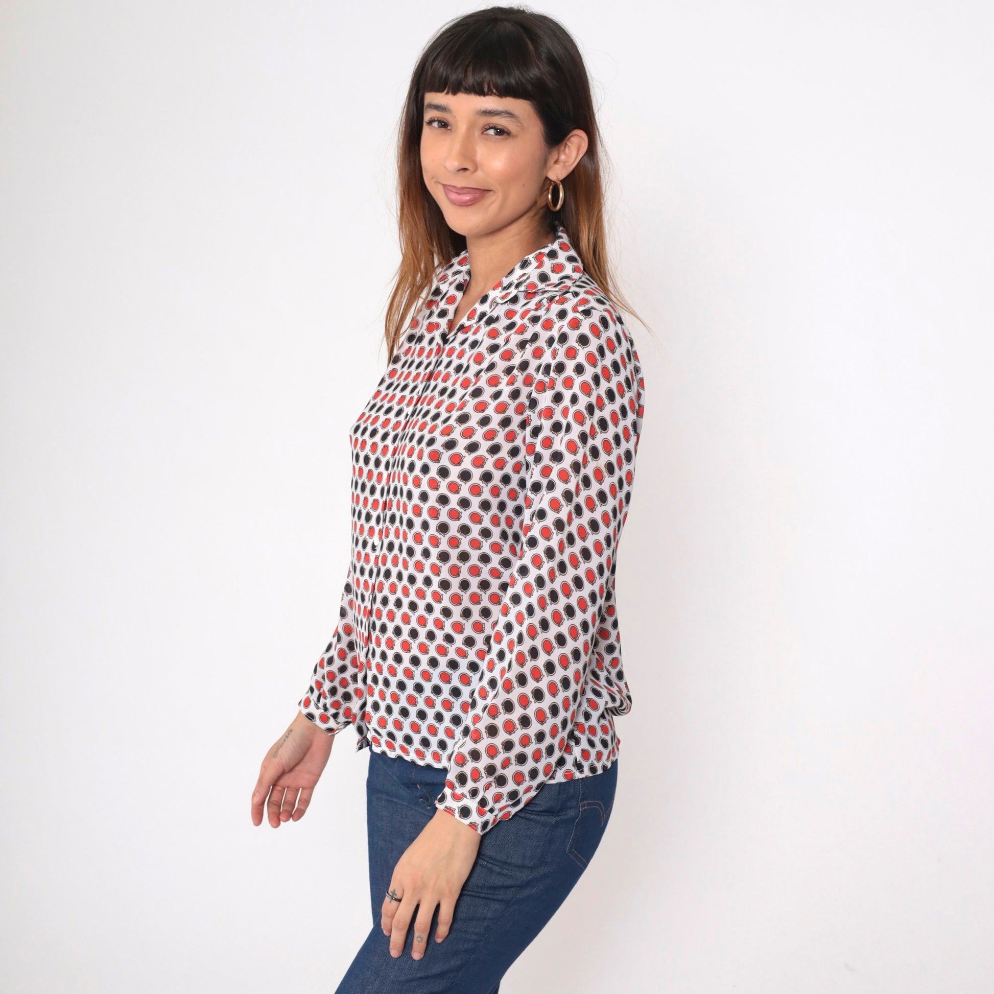 70s Circle Belt Print Button-Up Blouse Polka Dot Red Black White Medium