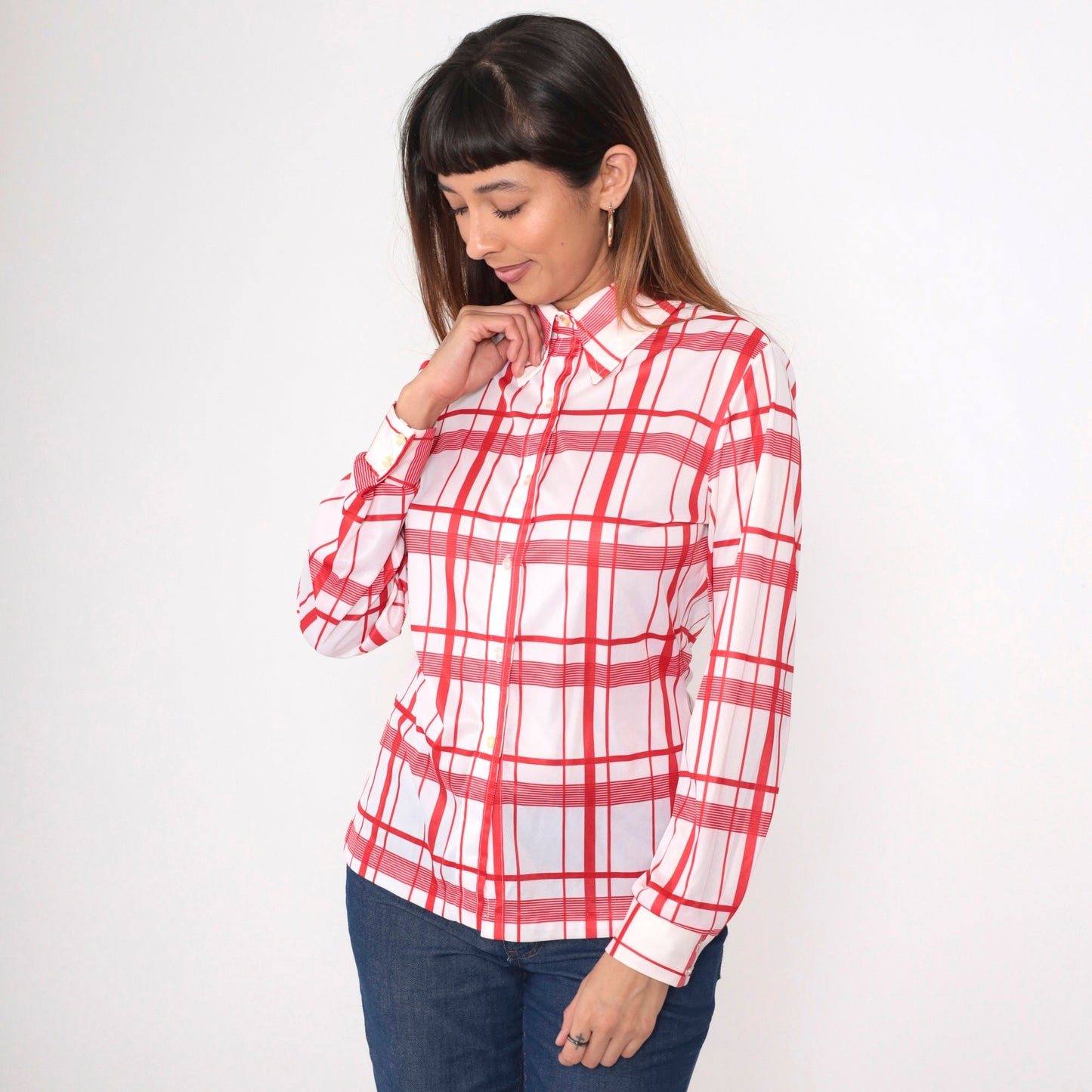 70s Jack Winter Plaid Button-Up Blouse Red White Dagger Collar Medium