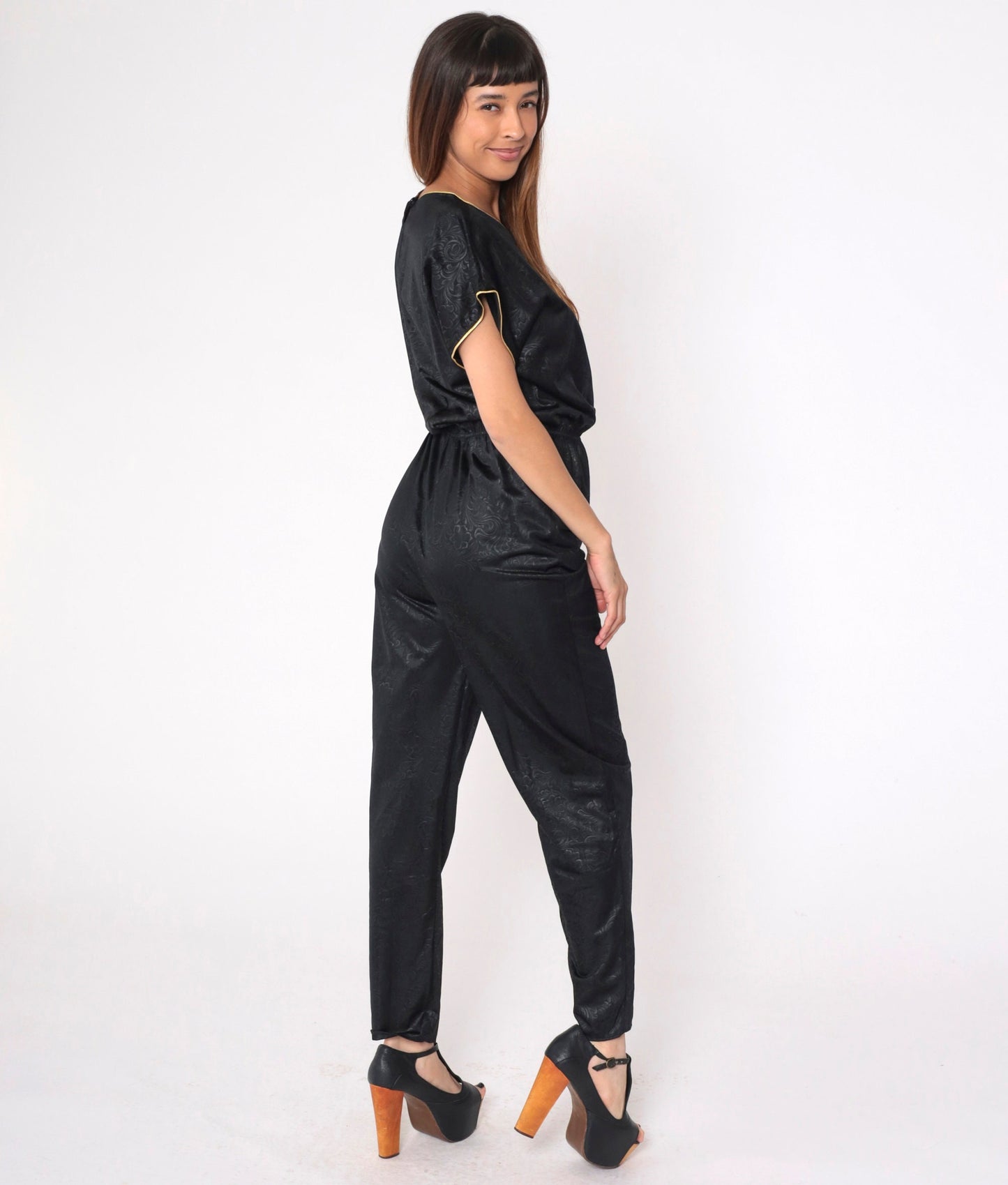 80s Black Floral Jumpsuit Gold Trim V-Neck Tapered High Waisted Small