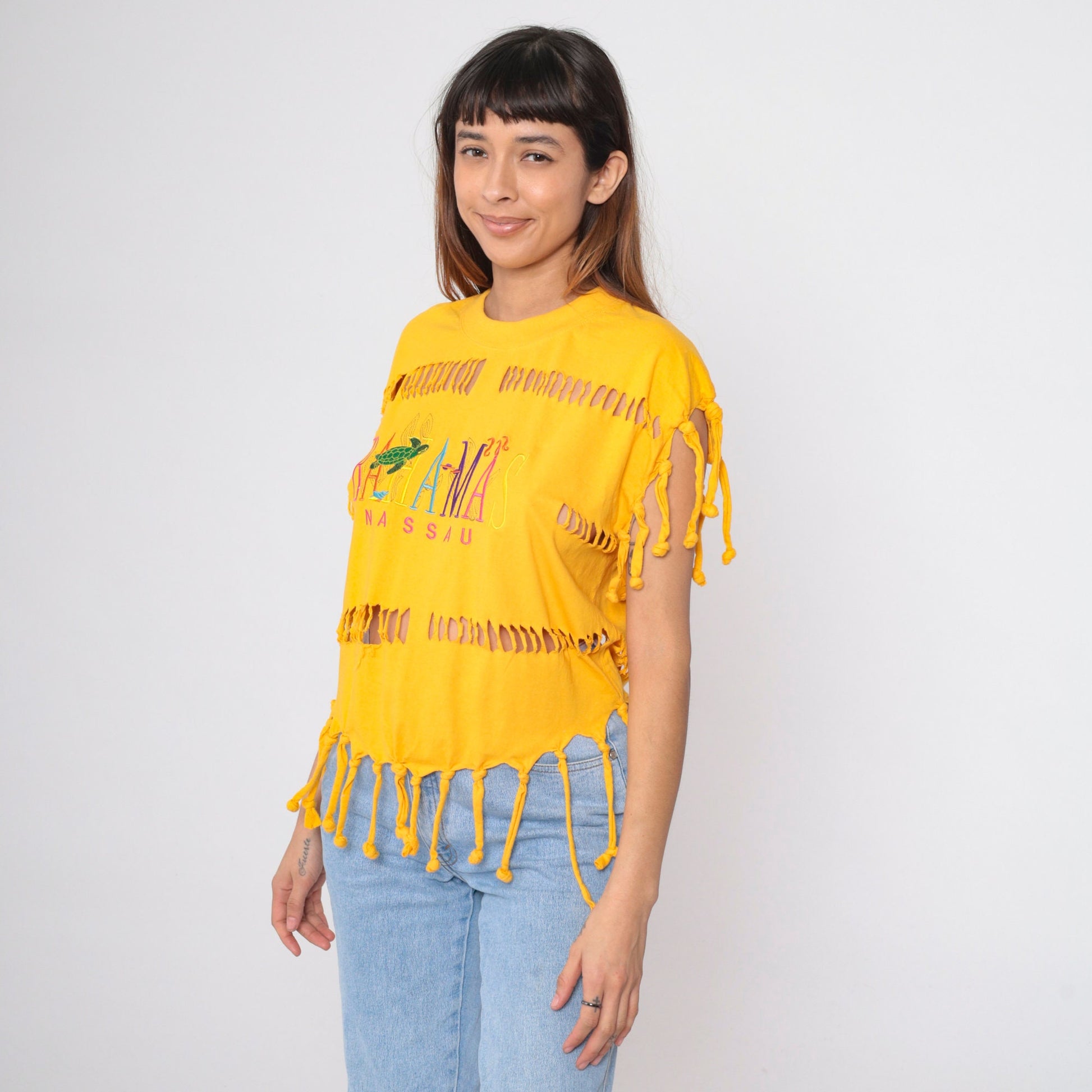 90s Bahamas Nassau Turtle Cutout T-Shirt Yellow Graphic Tee Medium