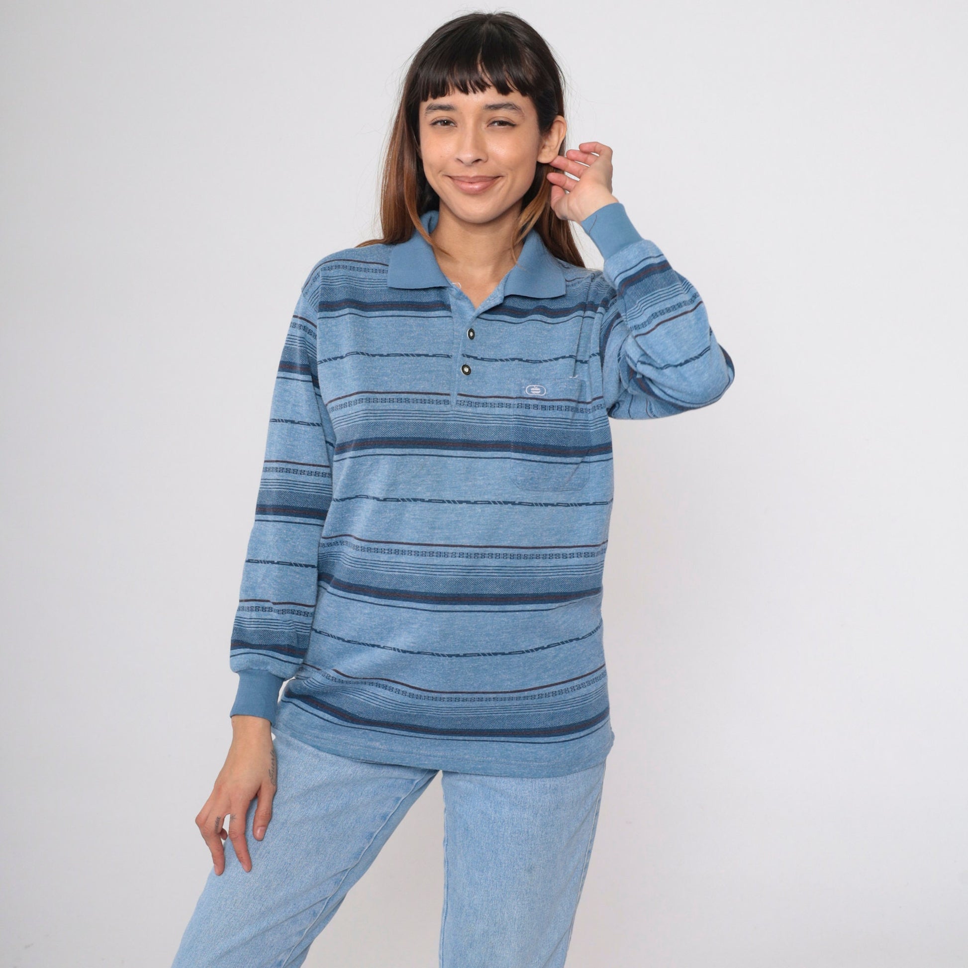 90s Blue Striped Long Sleeve Polo Shirt Men's Small