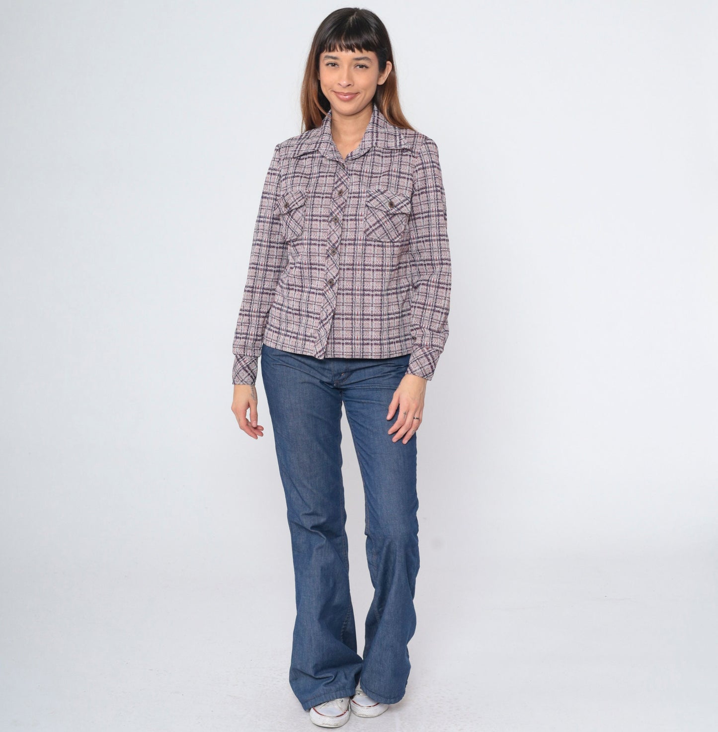 70s Act II Plaid Button-Up Shirt Red Blue Tartan Chest Pocket Medium