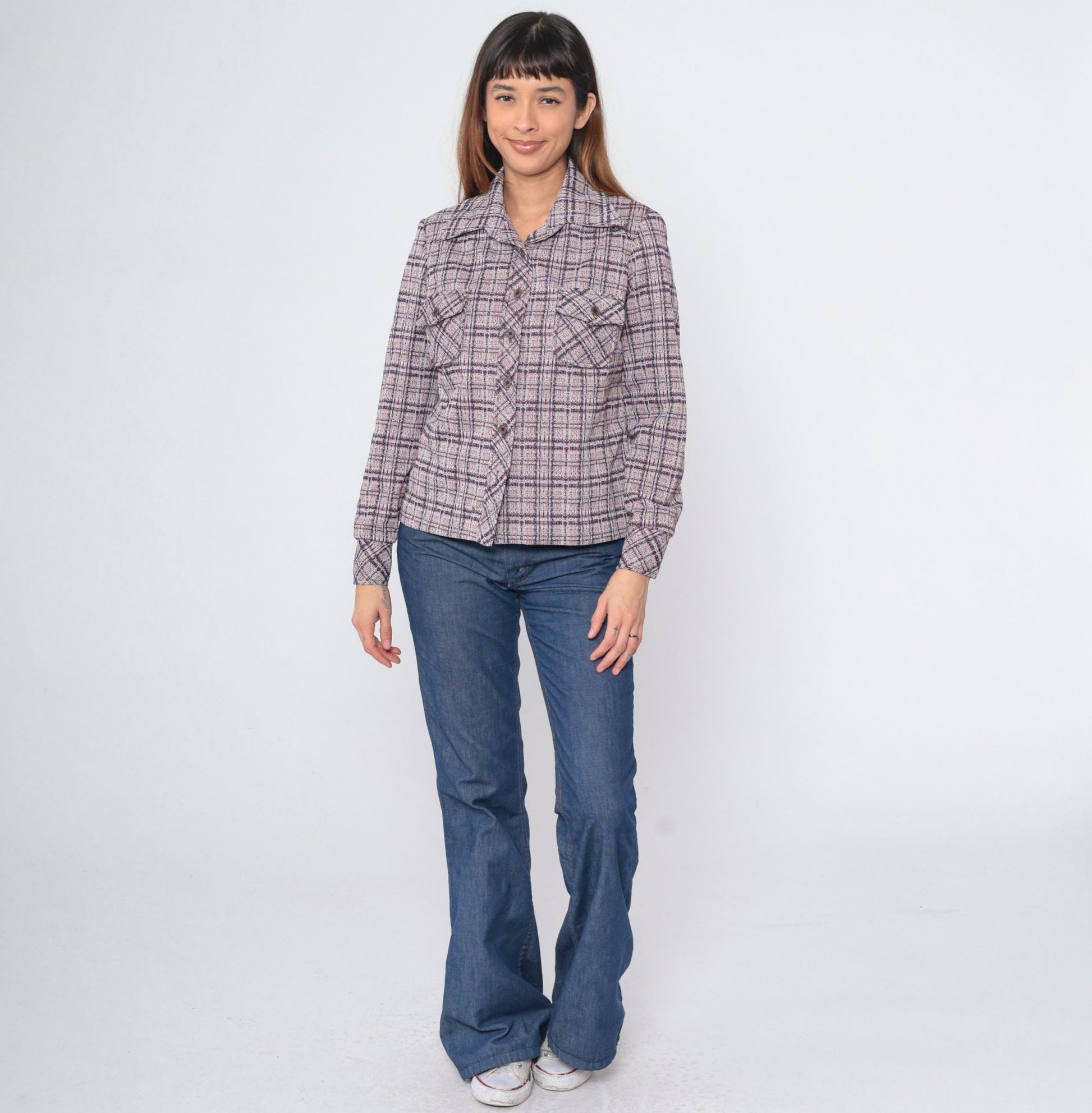 70s Act II Plaid Button-Up Shirt Red Blue Tartan Chest Pocket Medium