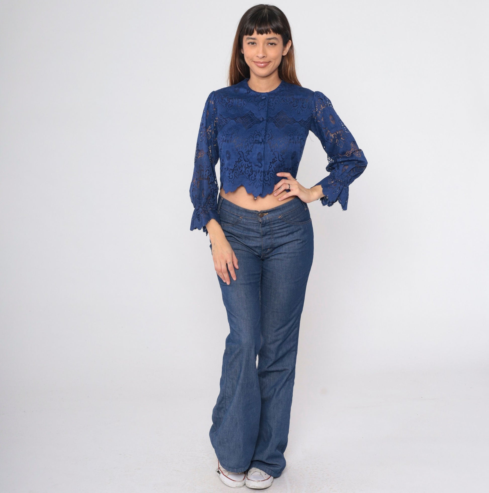 70s Dark Blue Lace Blouse Puff Sleeve Button-Up Crop Top Scalloped Small Medium