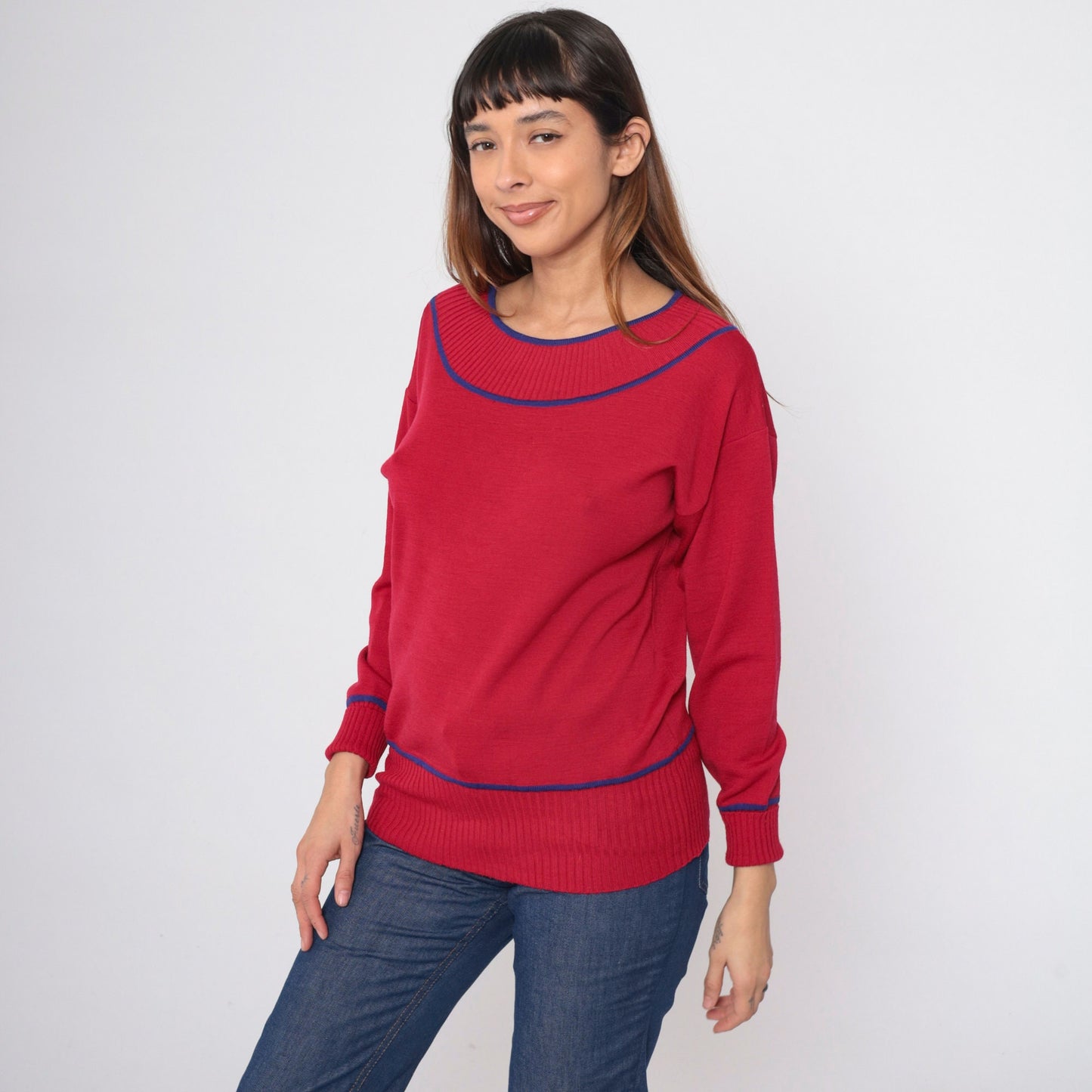 70s Goldworm Cherry Red Wool Sweater Blue Ringer Neck Pullover Small