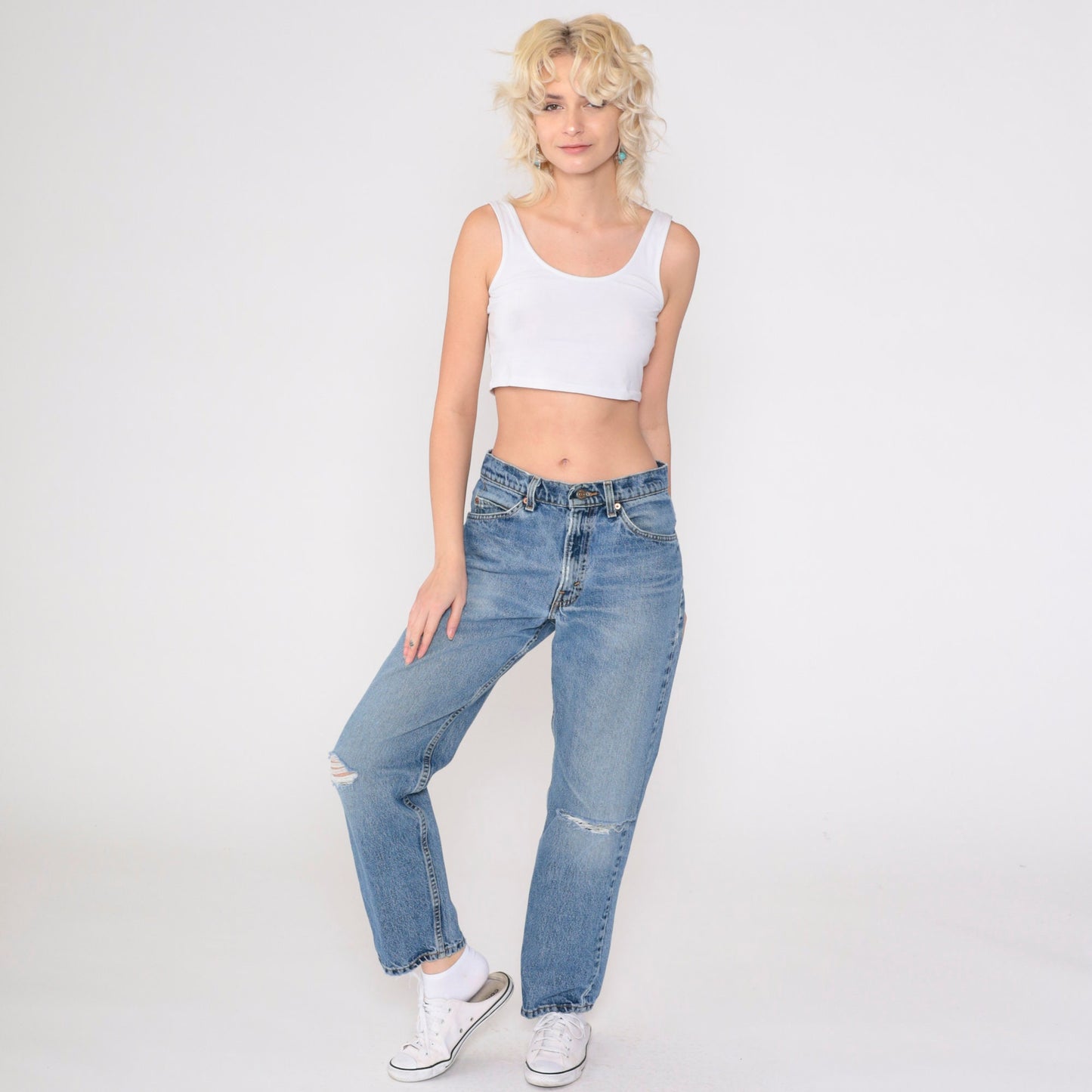 90s Levi's 555 Relaxed Straight Leg Jeans Distressed Blue Denim 31x30