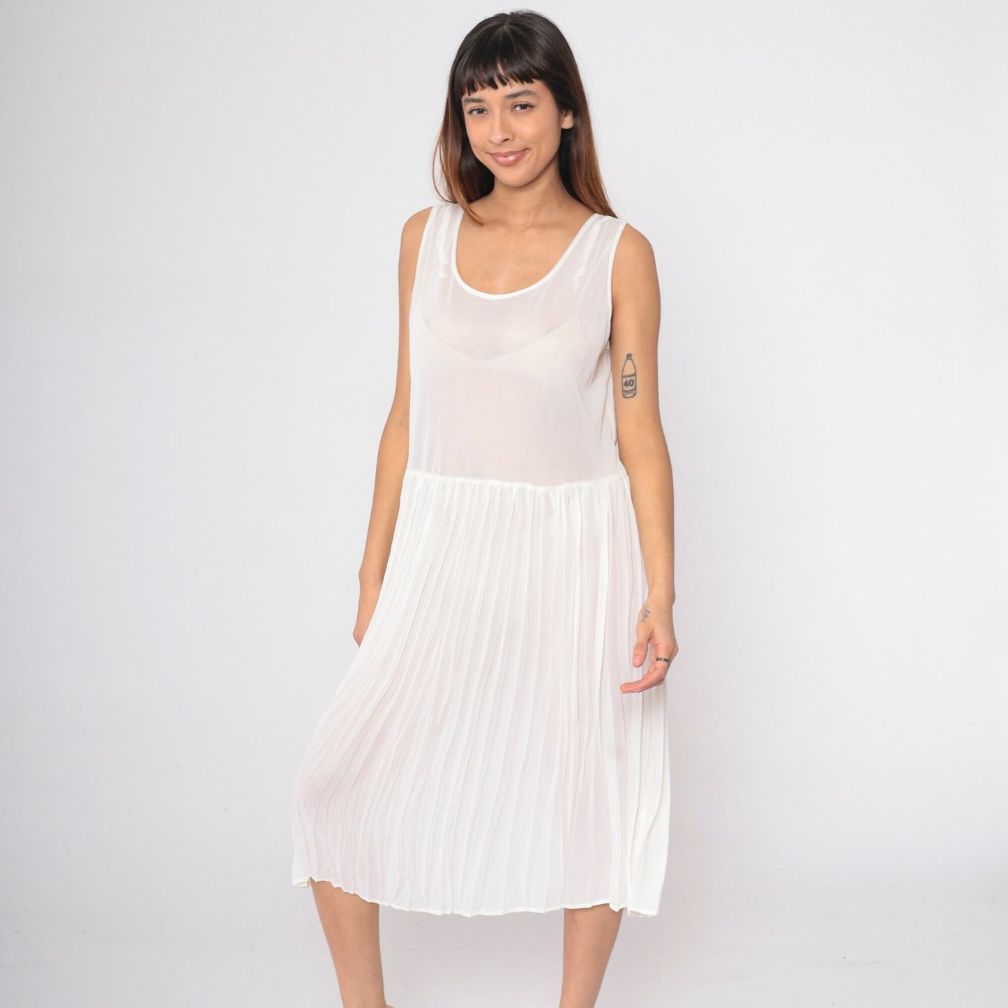 80s Sheer White Pleated Midi Dress Drop Waist Sleeveless Scoop Neck Large 12