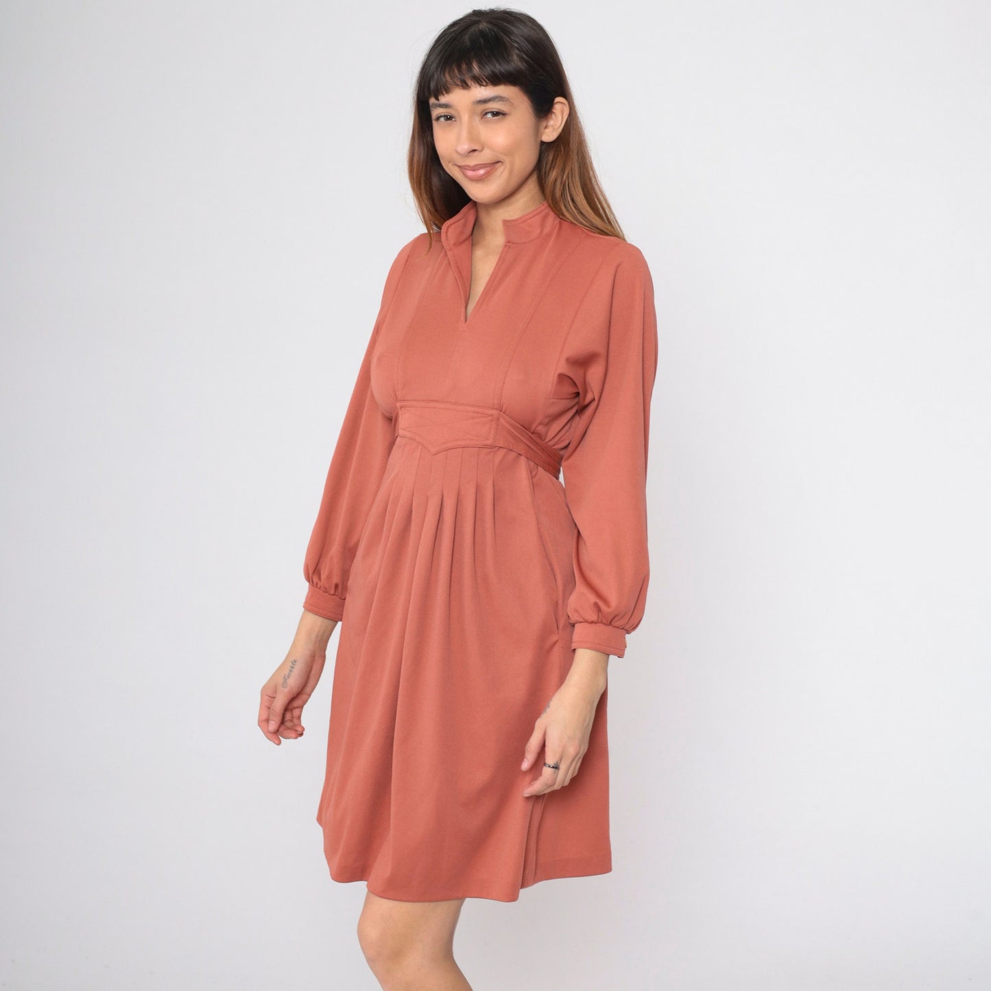 70s Terra Cotta Empire Waist Mini Dress Mandarin Collar Long Sleeve Small