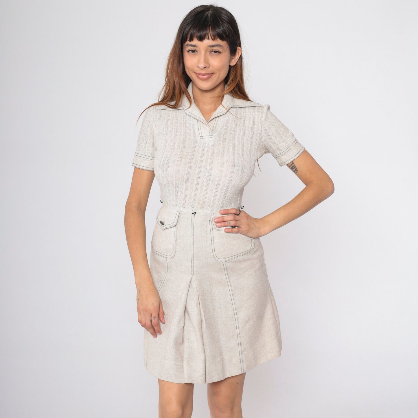 70s Peck & Peak Mini Dress Light Beige Cable Knit High Waist Small