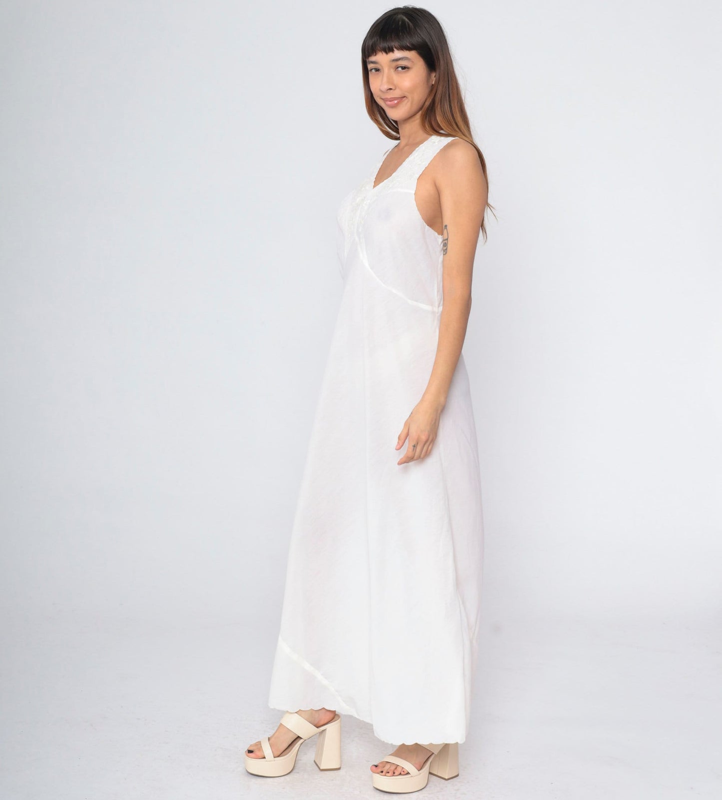 70s Lily White Floral Embroidered Cutout Slip Dress Maxi Nightgown Medium