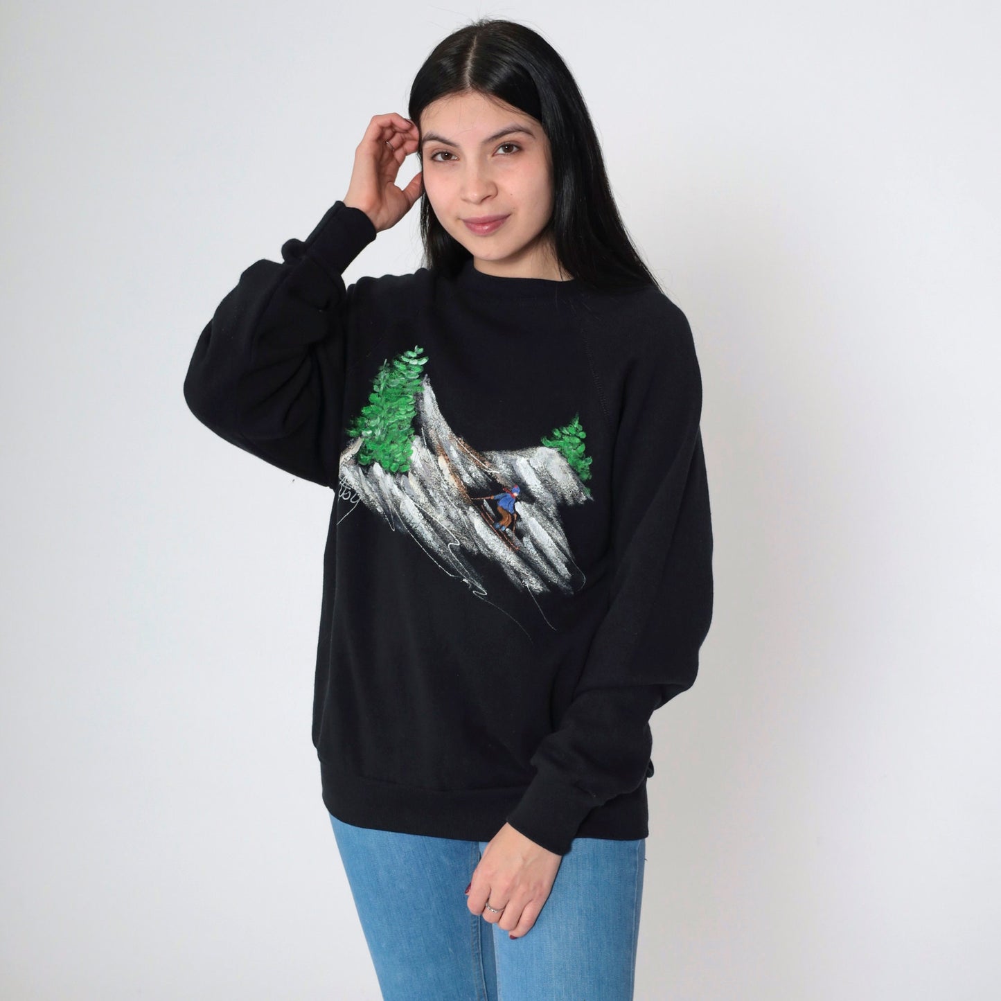 80s Tultex Hand Painted Ski Scene Sweatshirt Black Crewneck Raglan Medium