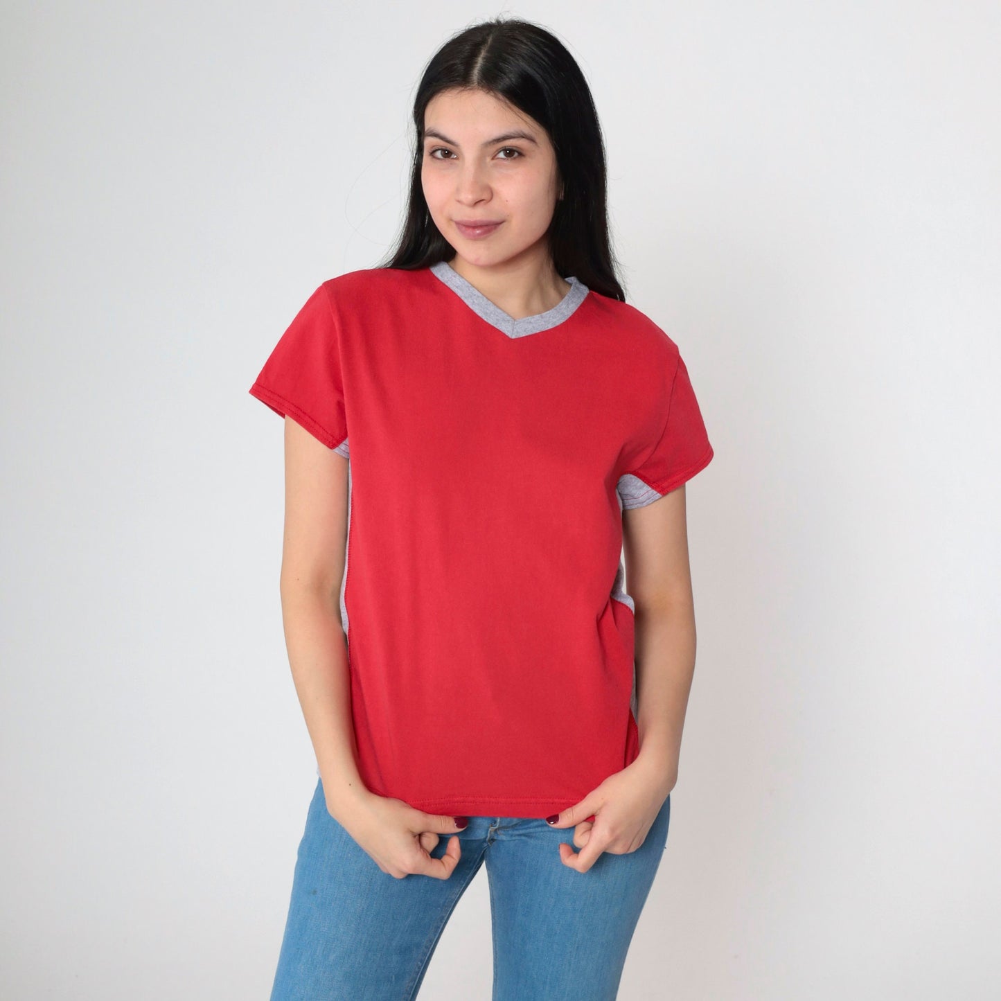 90s Bike Ringer T-Shirt Red Grey Striped V-Neck Cotton Tee Medium