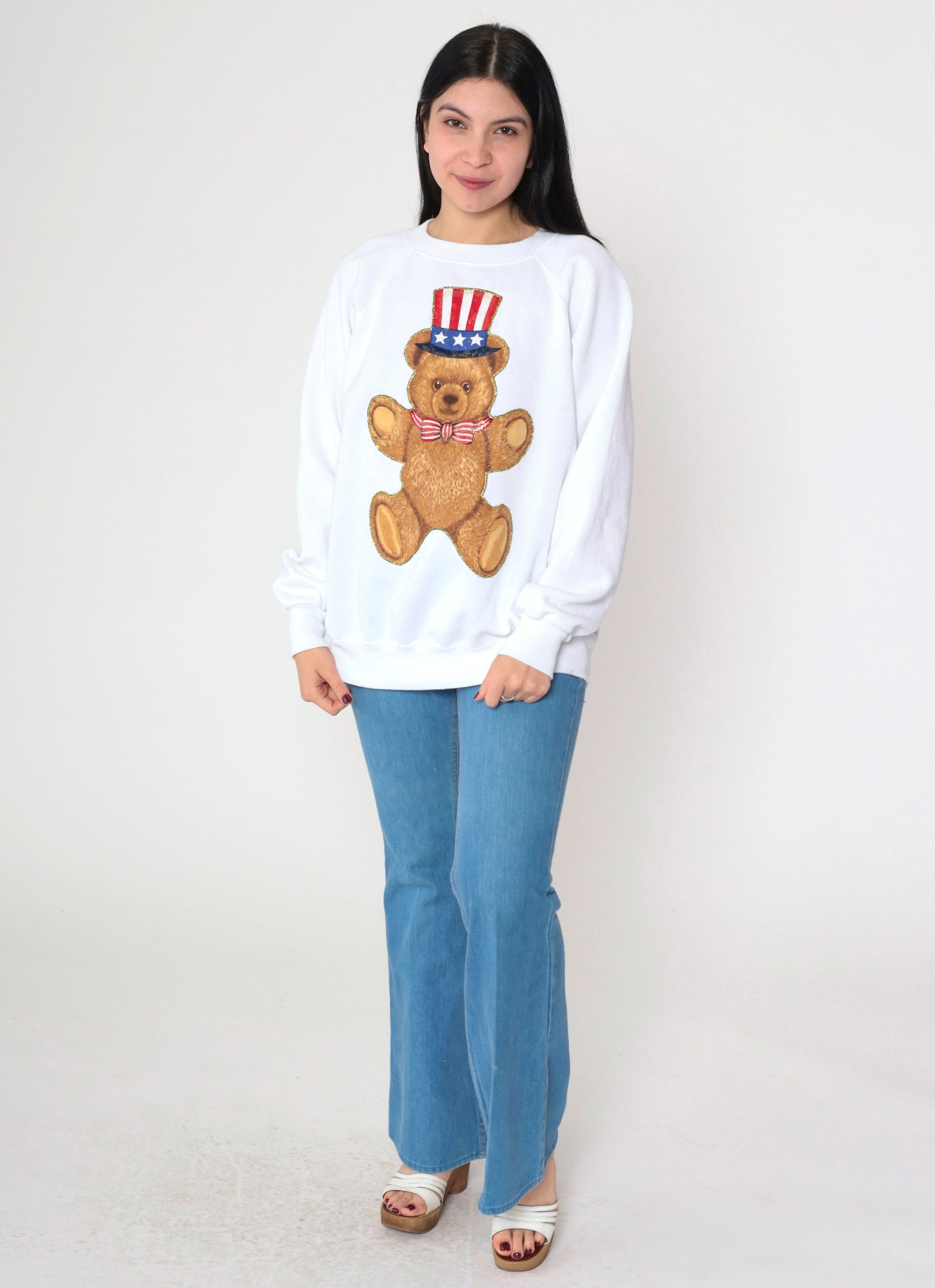 90s Uncle Sam Teddy Bear Glitter Sweatshirt White Graphic Crewneck Large L