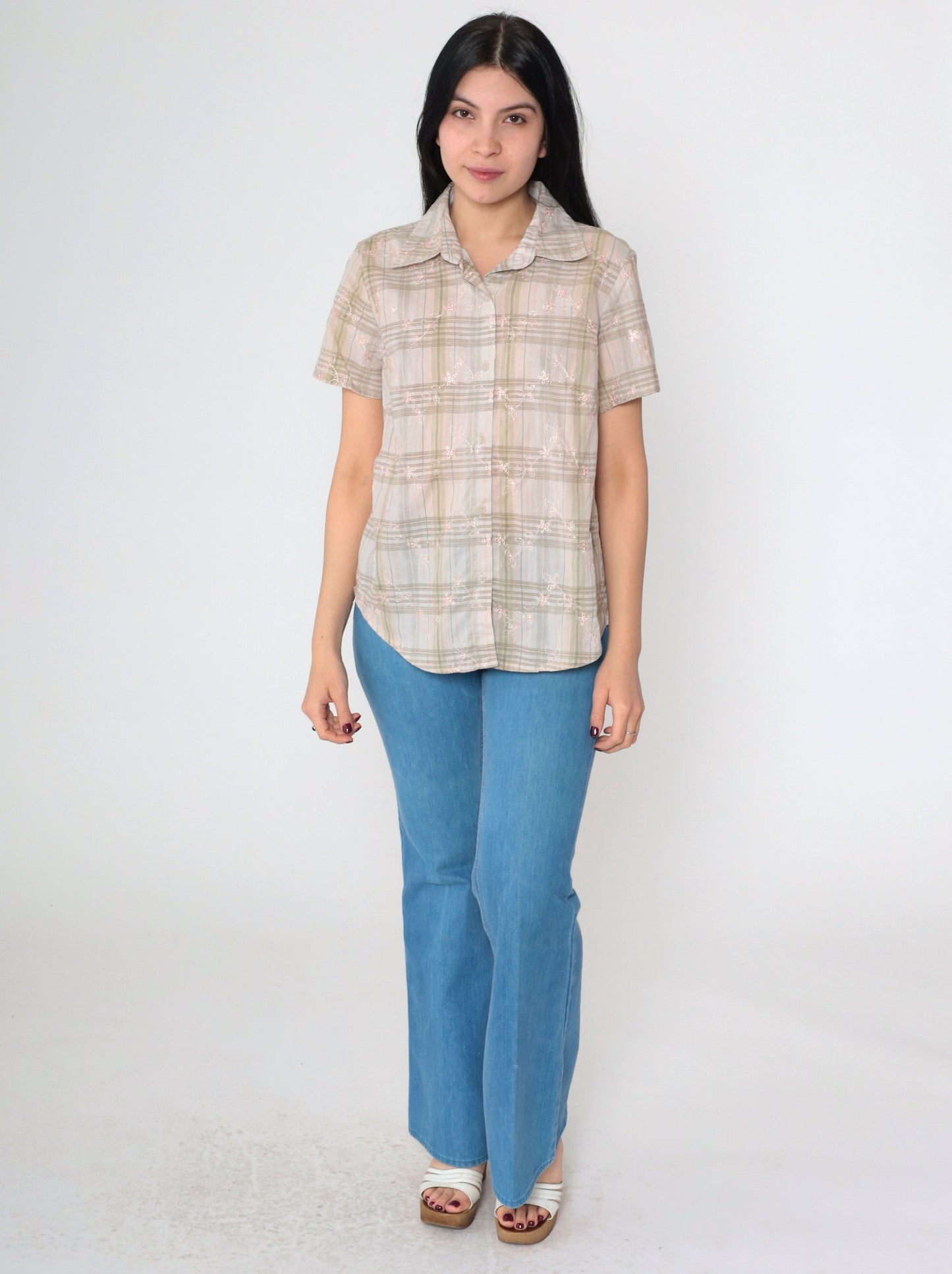 90s Plaid Floral Eyelet Button Up Blouse Short Sleeve Peach White Green Medium