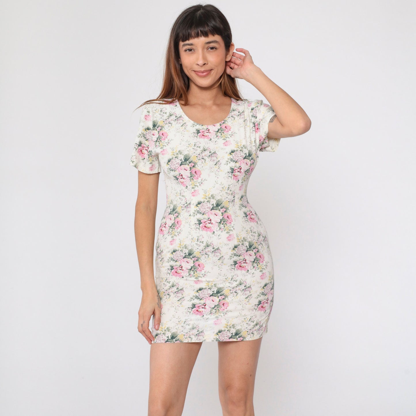 90s Cream Floral Mini Dress Rose Print Short Sleeve Pencil Extra Small XS
