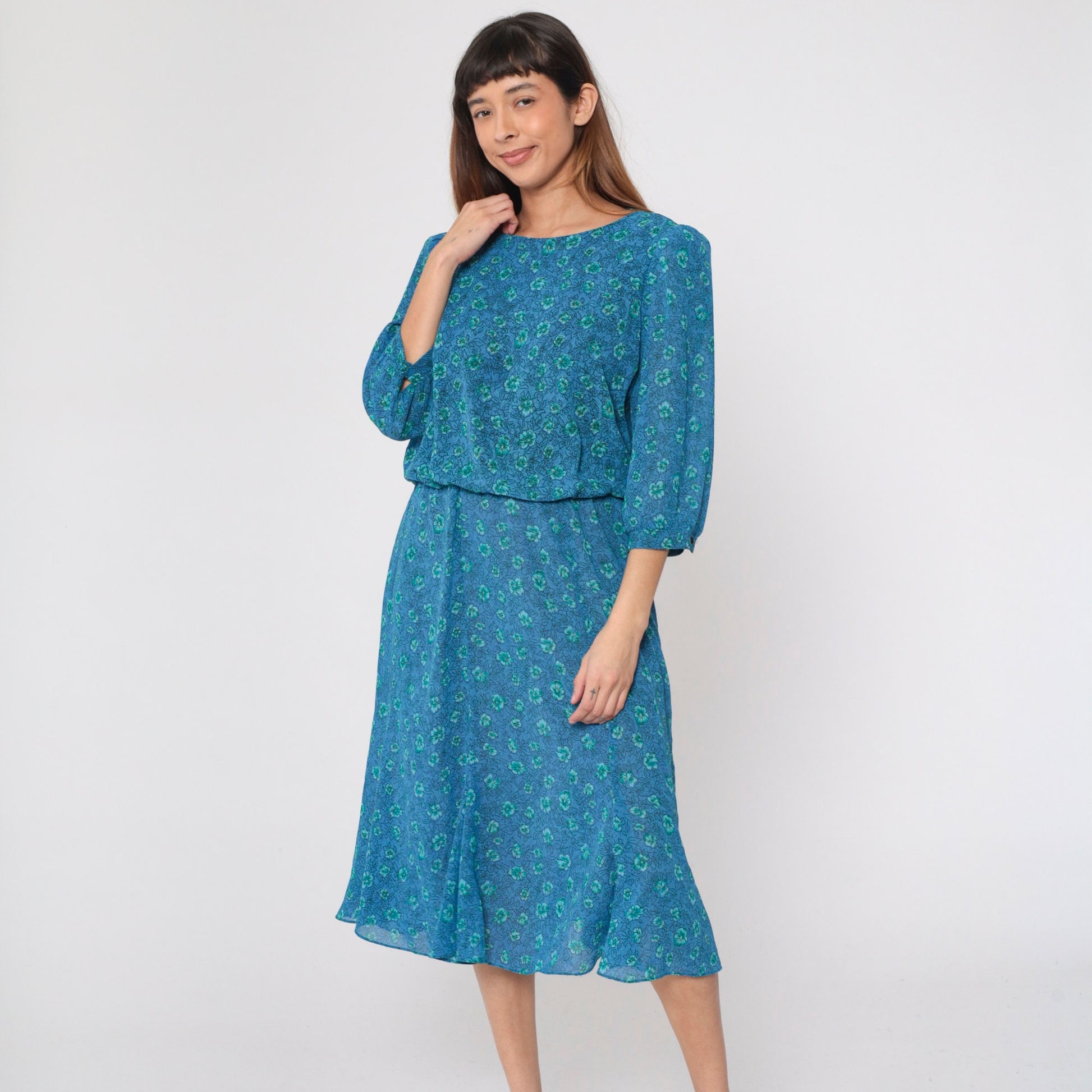 90s Blue Floral Midi Dress Puff Sleeve High Waist Blouson Medium M
