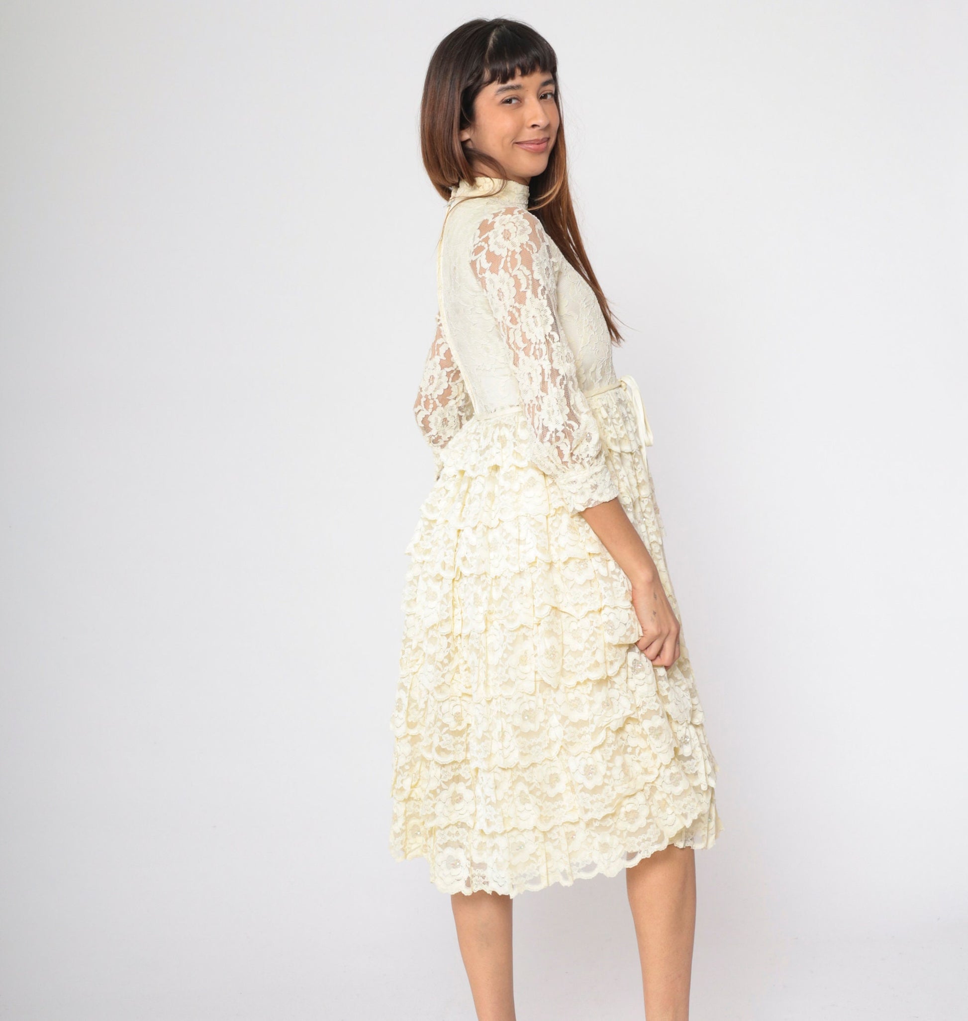 1960s Cream Floral Lace Midi Dress Puff Sleeve High Waist Tiered Ruffle XXS