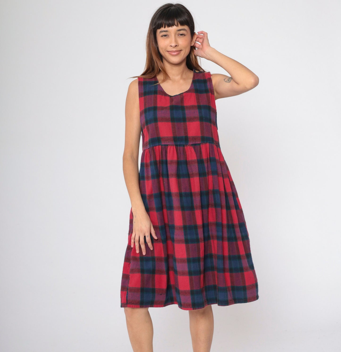 90s Plaid Midi Jumper Dress Button Straps Empire Waist Red Blue Checkered Small