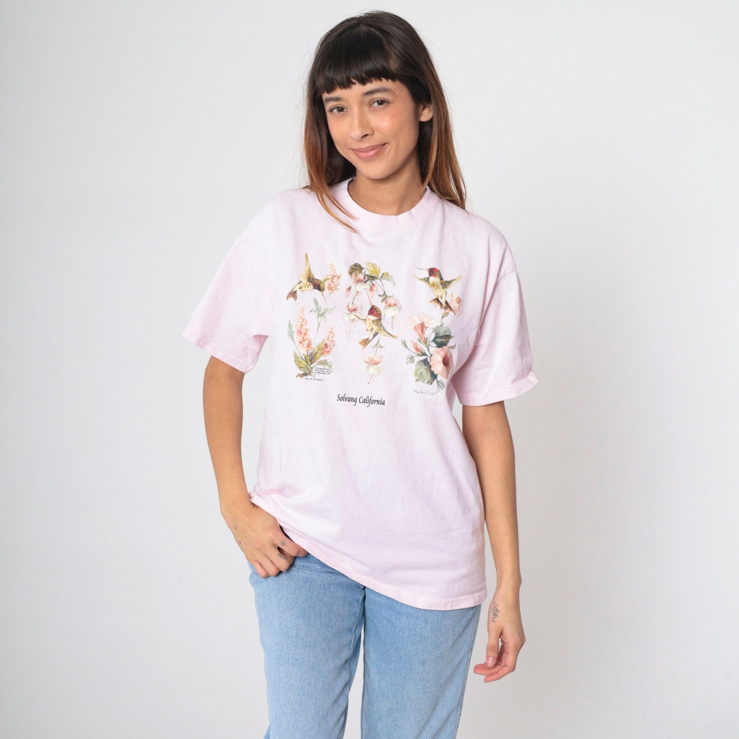 90s Solvang California Hummingbird Floral Graphic Tee Baby Pink Large L
