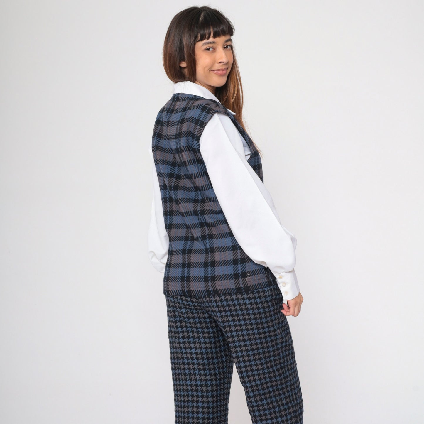 80s Bill Blass Plaid Wool Vest Double Breasted Blue Grey Small