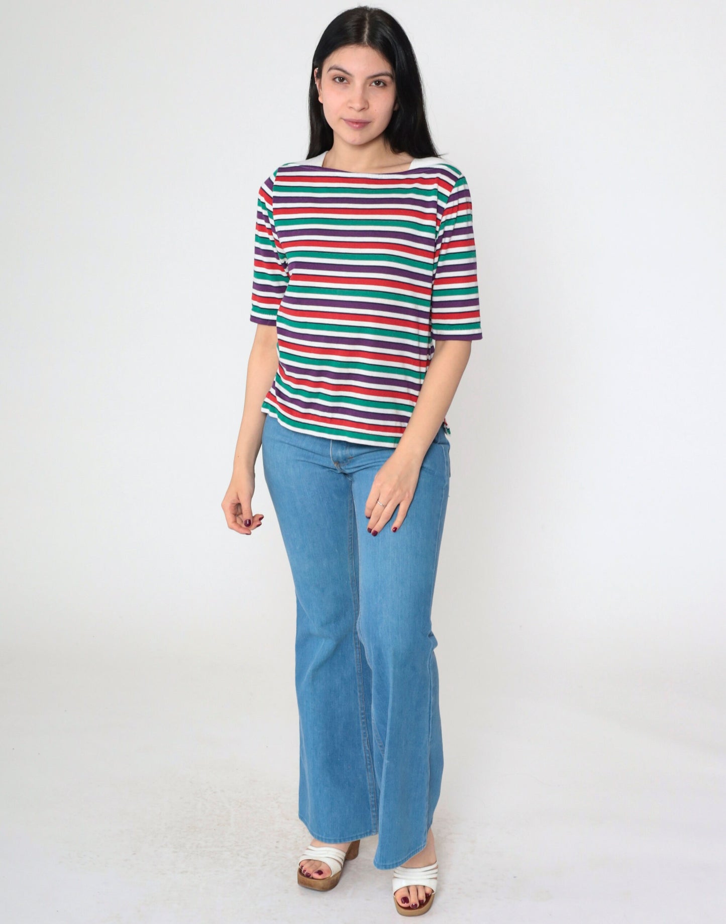 90s Multistripe Boatneck T-Shirt Short Sleeve Red Green Purple Small