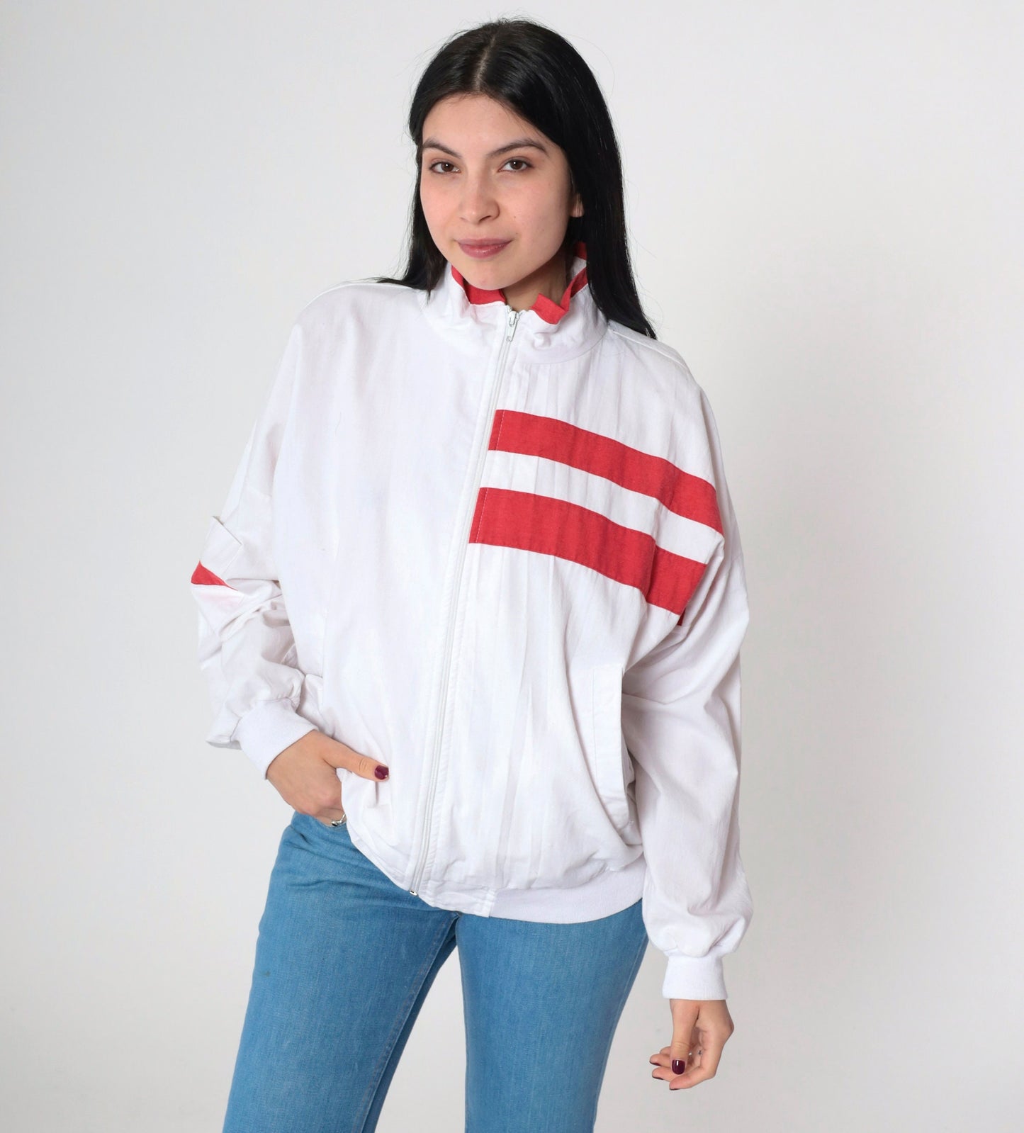 90s Striped Windbreaker Jacket White Red Zip-Up Small