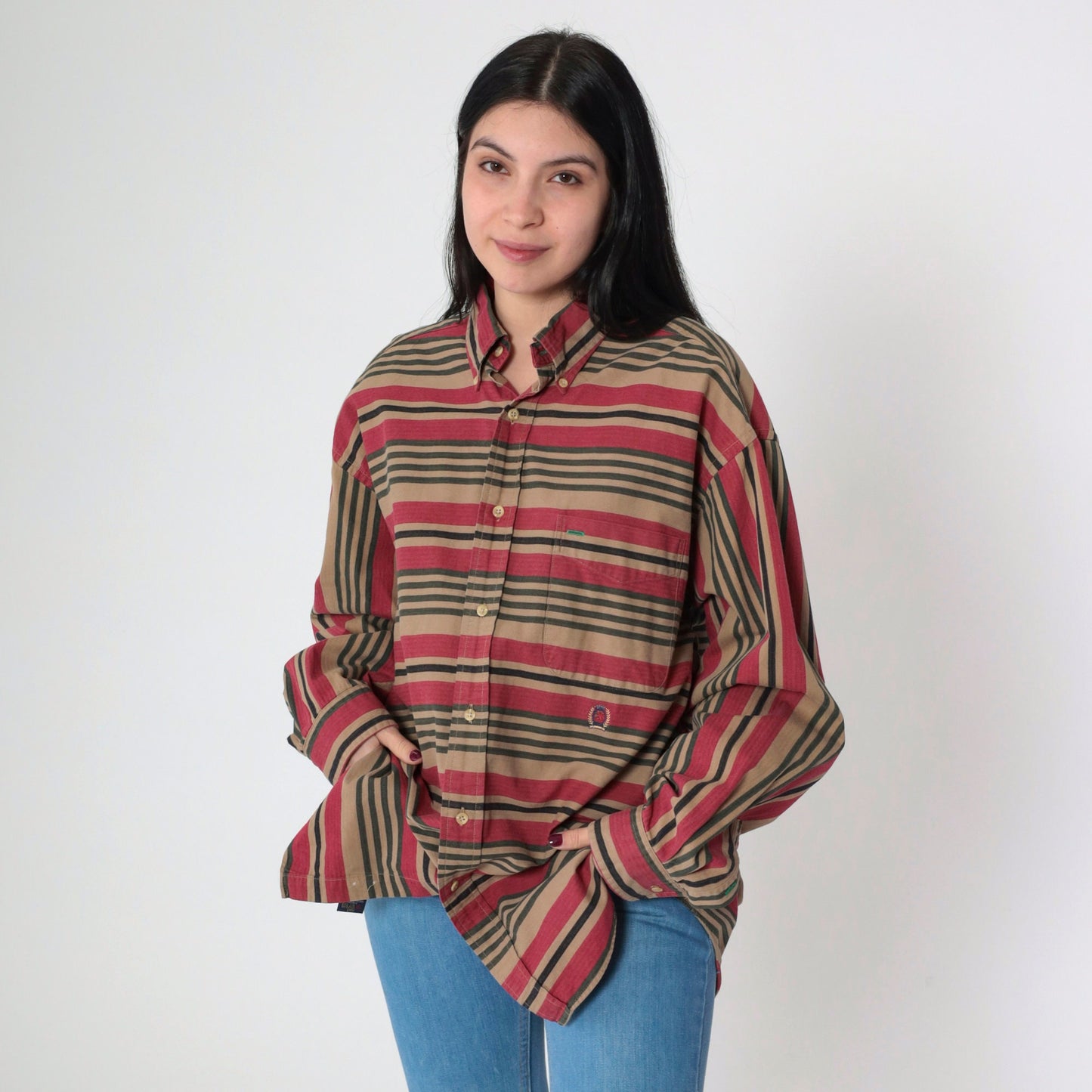 90s Tommy Hilfiger Striped Oxford Button Up Red Brown Cotton Large