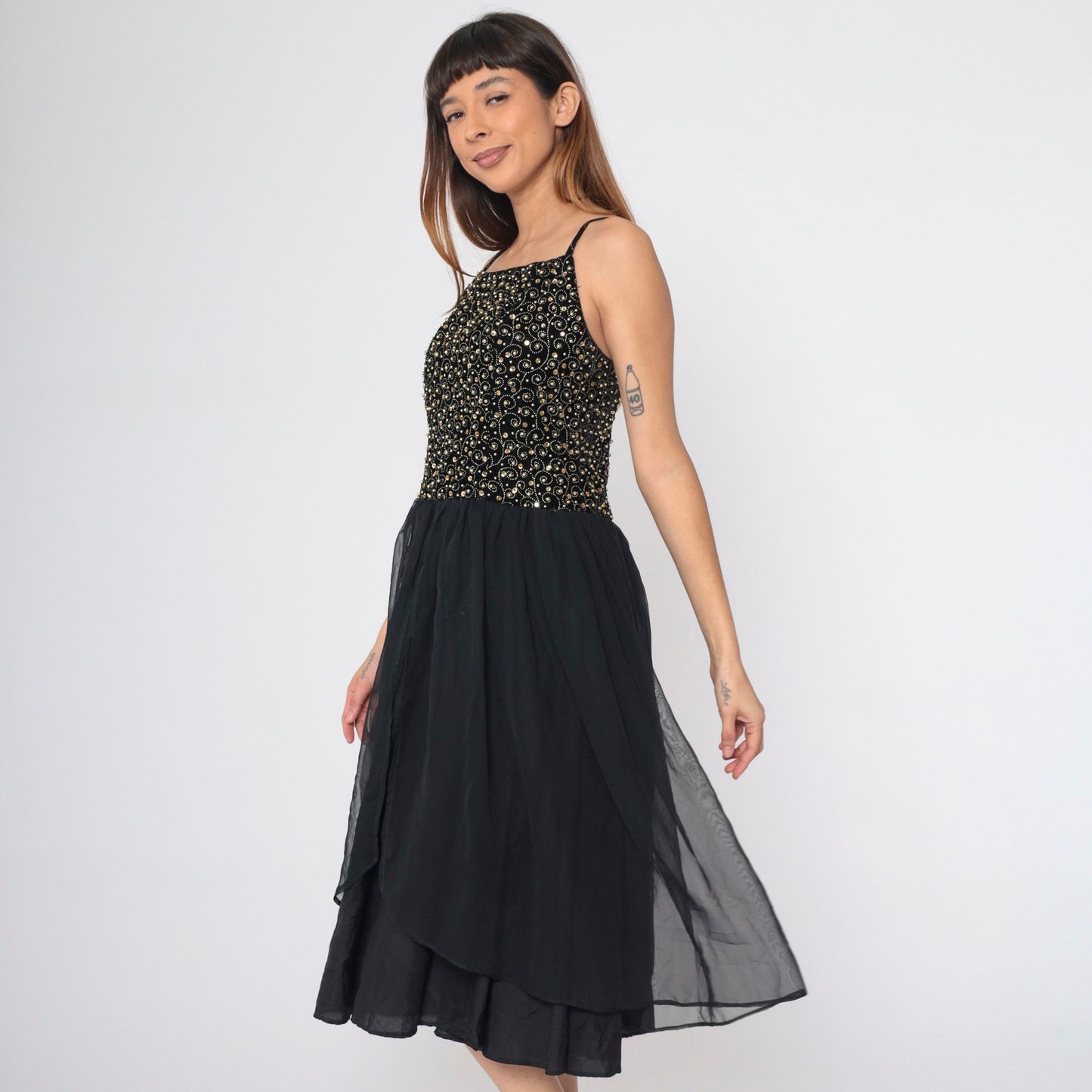 80s Black Velvet Beaded Chiffon Midi Dress Gold Sequins Spaghetti Strap Small