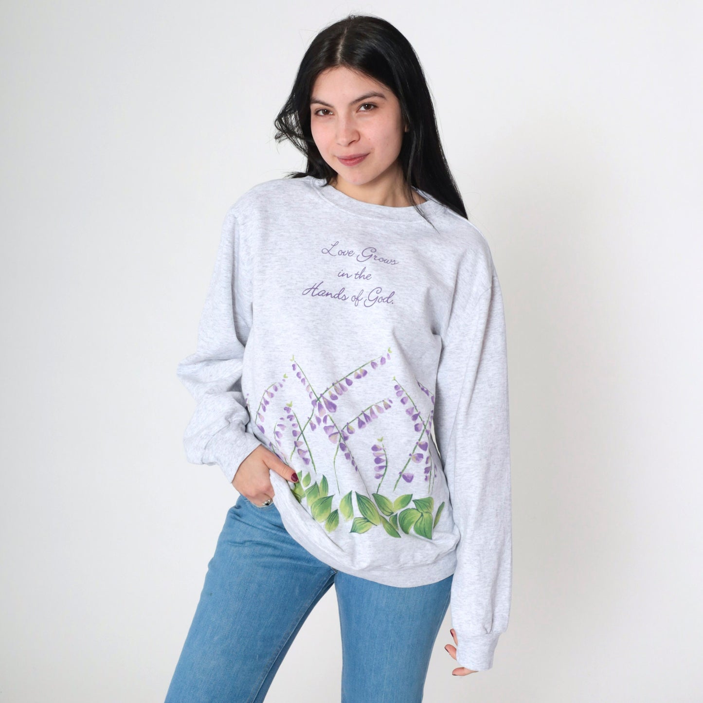 90s Christian Floral Sweatshirt Love Grows In The Hands Of God Grey Large L