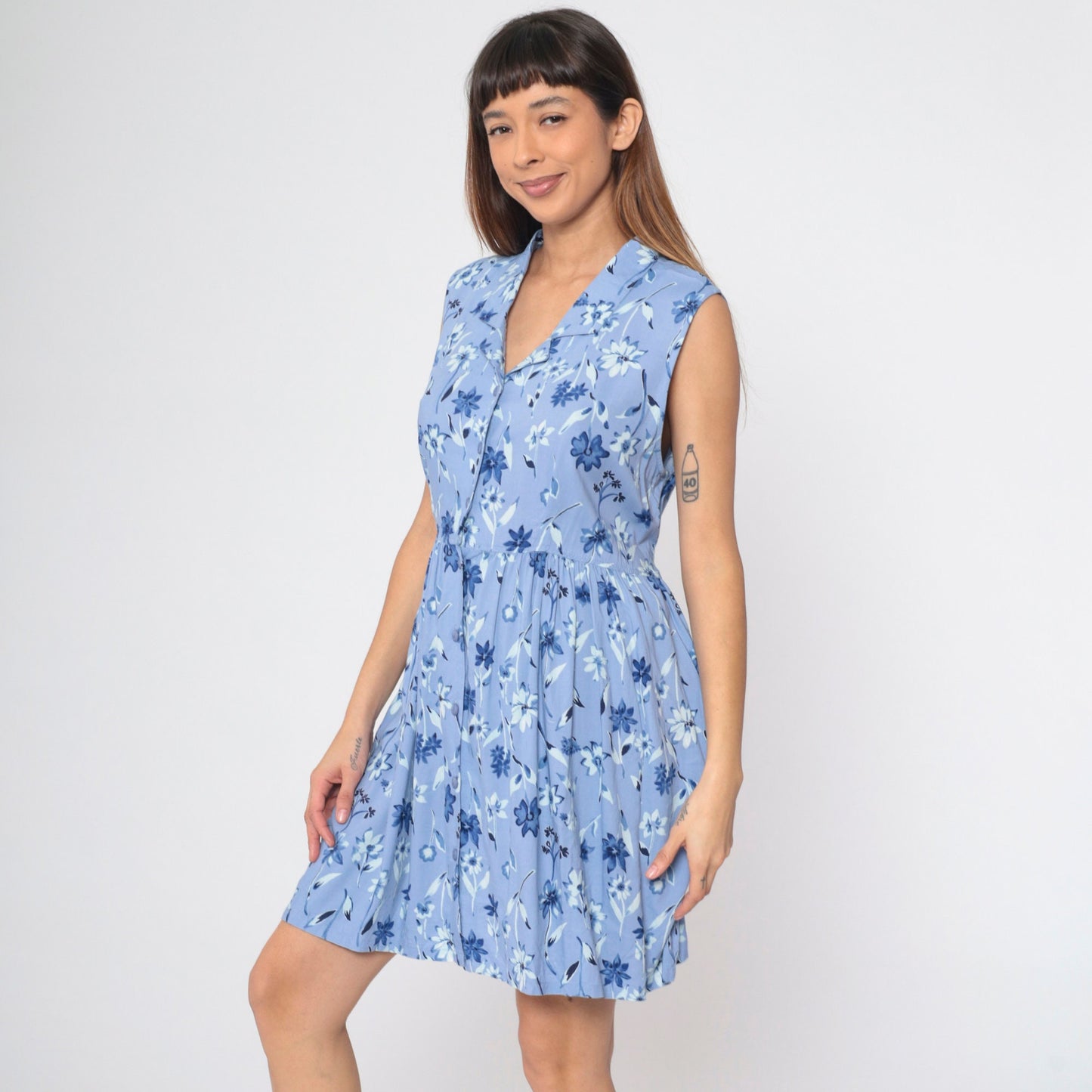 90s Blue Floral Button-Up Mini Dress Sleeveless Collared A-Line Large L