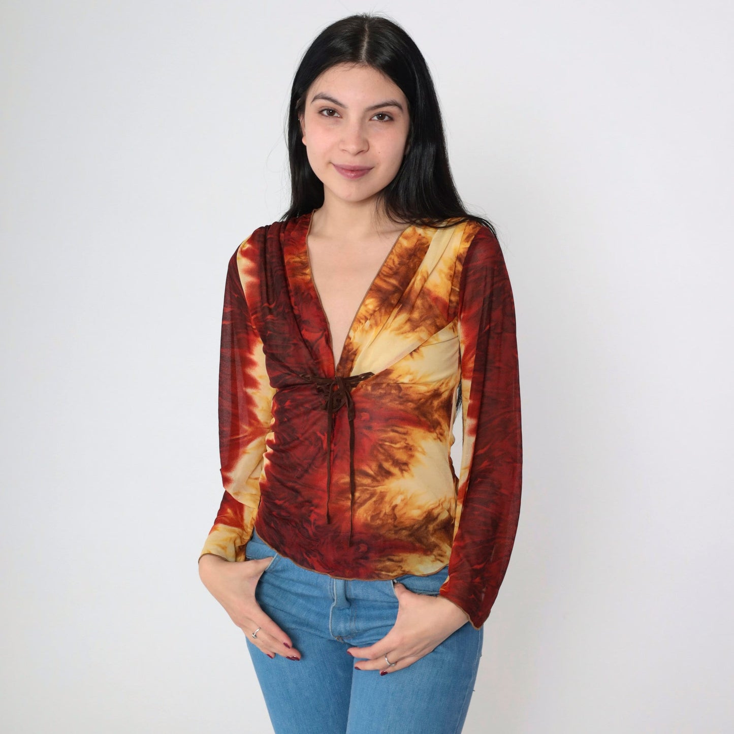 Y2K Tie Dye Mesh Lace Up Corset Blouse Bell Sleeve V Neck Small S