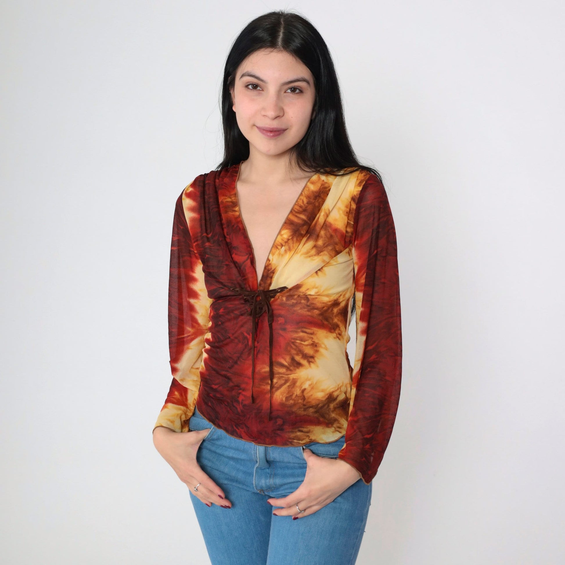 Y2K Tie Dye Mesh Lace Up Corset Blouse Bell Sleeve V Neck Small S