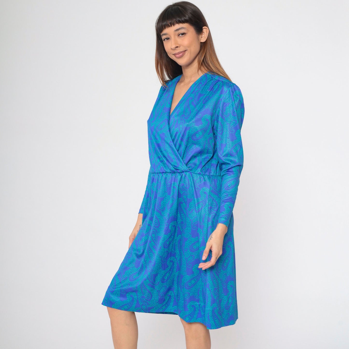 90s Blair Paisley Faux Wrap Midi Dress Puff Sleeve V-Neck Blue Green Large