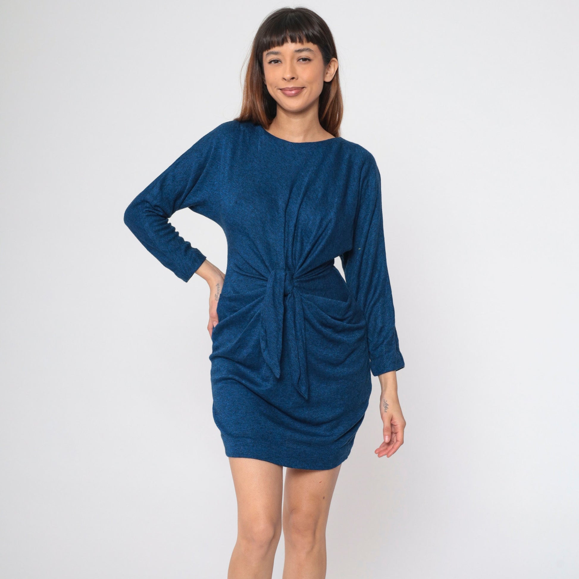 90s All That Jazz Knot Front Mini Dress Dark Blue Flecked Small